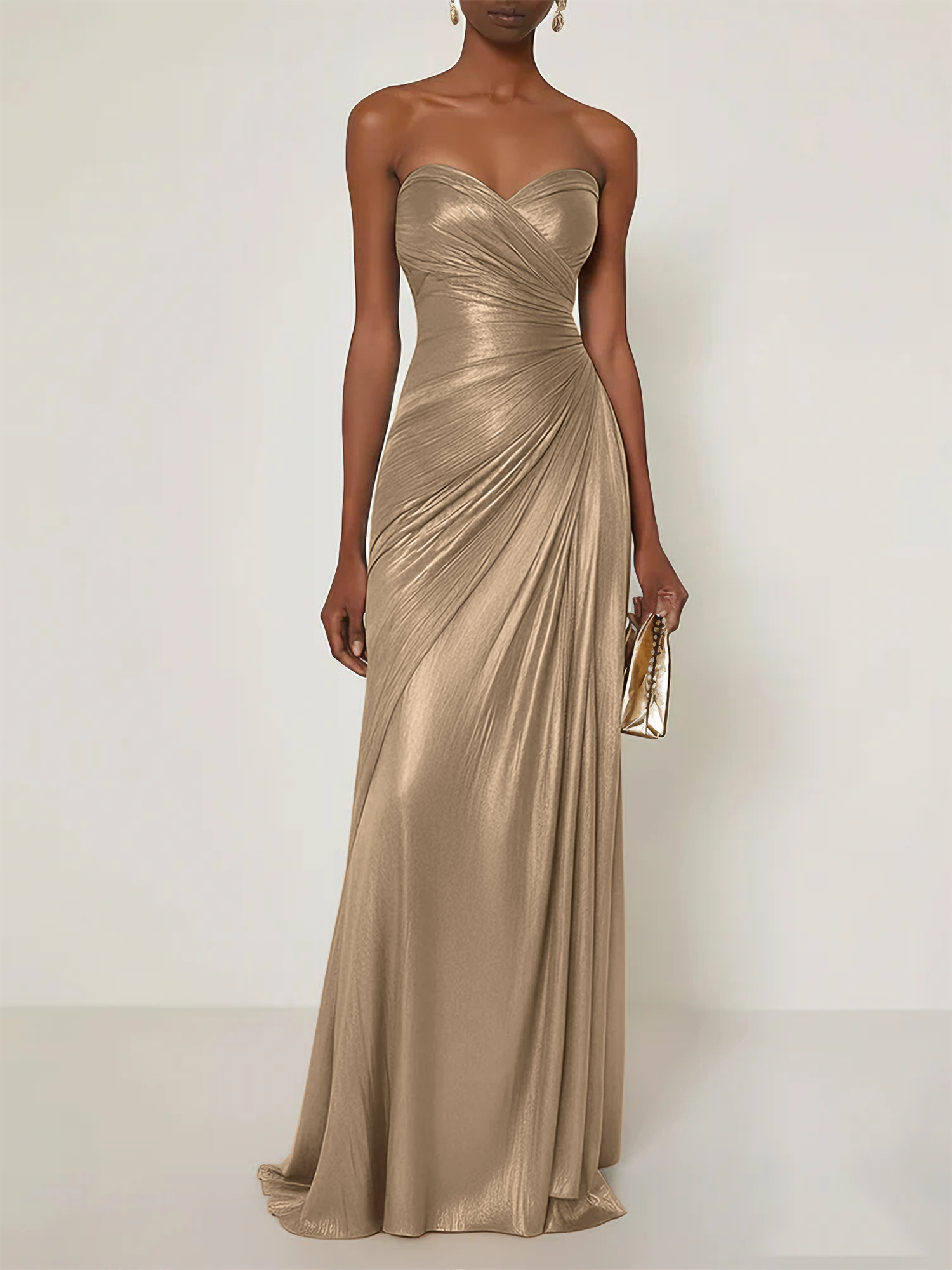 Evening Formal Dress V Neck Silk Ruffles Strapless Maxi Dress