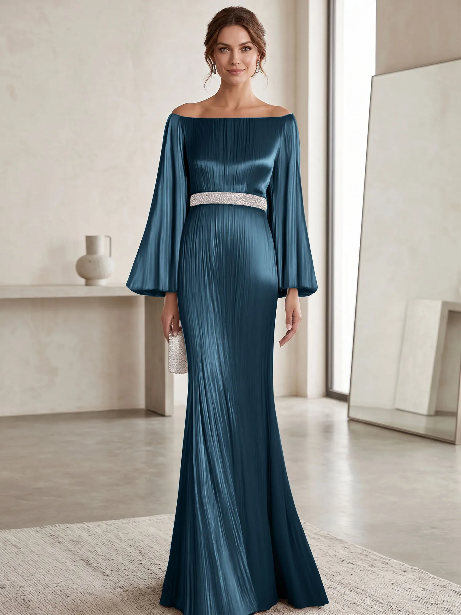 Off-the-Shoulder Pleated Satin Evening Gown with Beaded Waistband