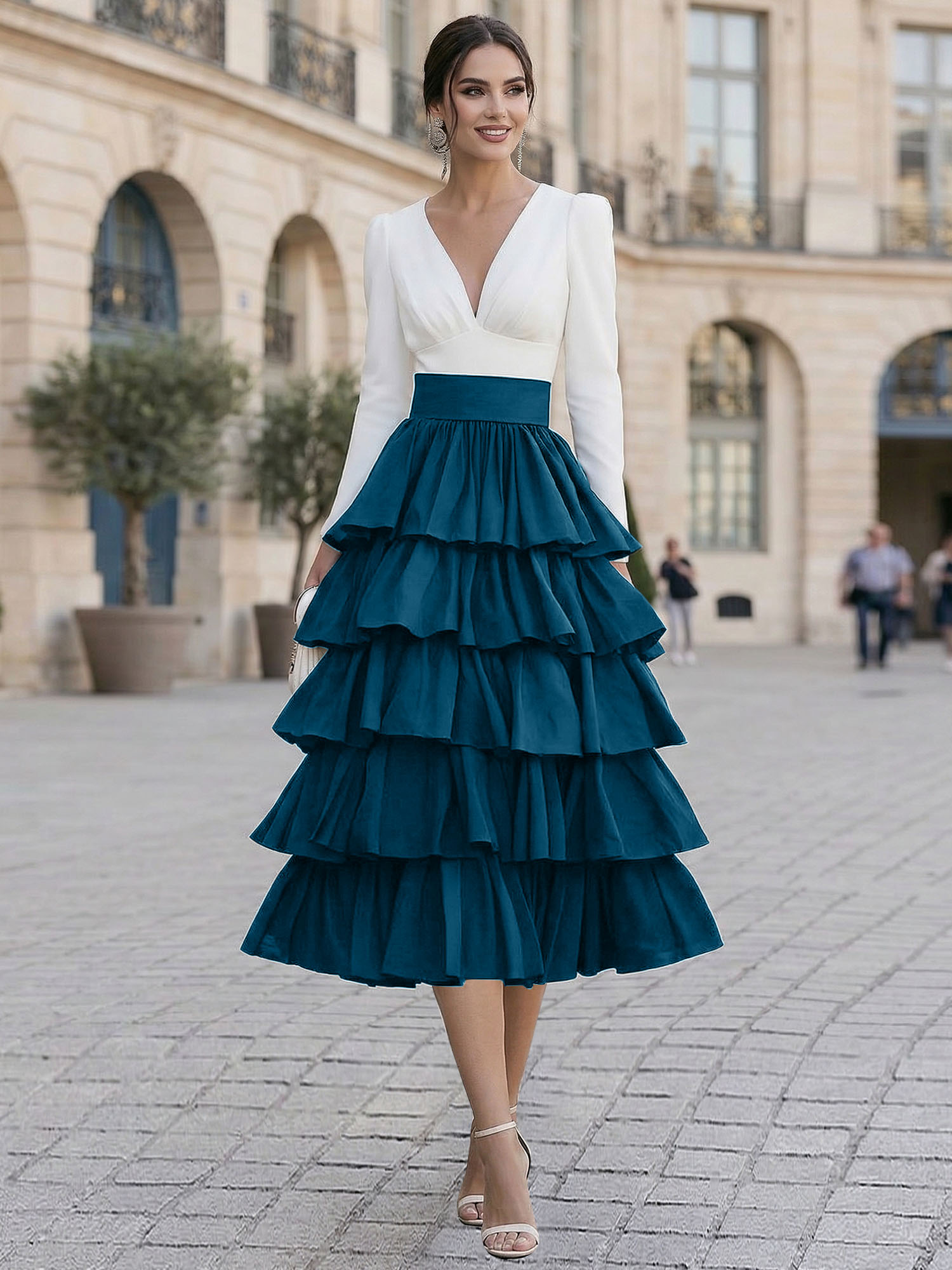 Elegant V-Neck Long Sleeve Tiered Ruffle Midi Dress with Contrast Waistband