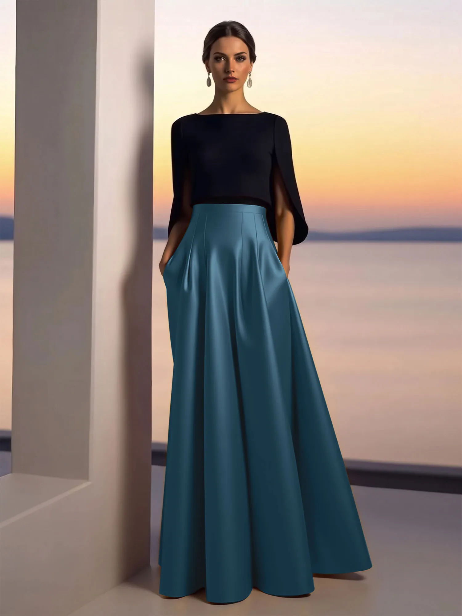 Two-Piece Cape Sleeve Satin Ball Gown Evening Dress