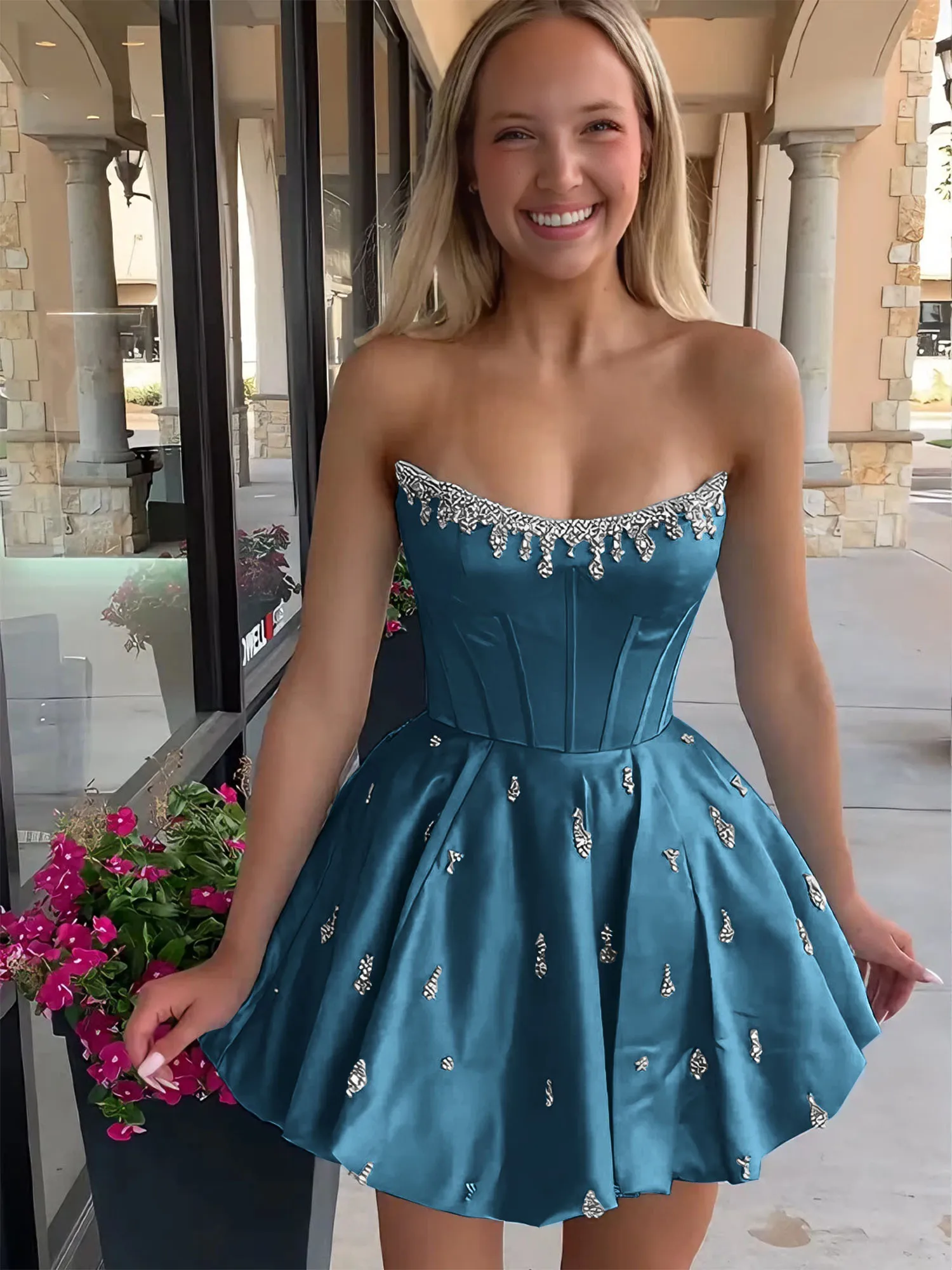 Strapless Beaded Corset Lace-Up Back Satin Homecoming Dress