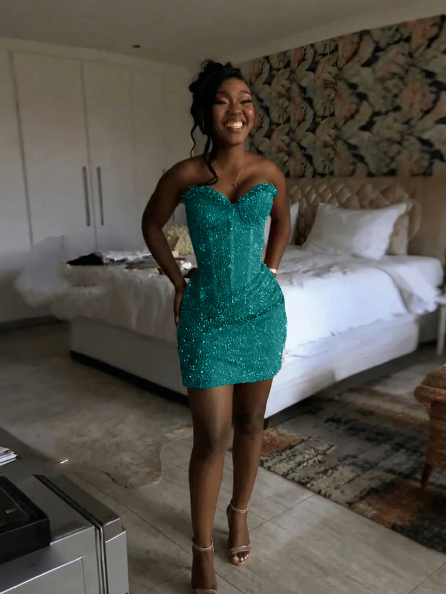 Glitter Strapless Mermaid Sequined Short Homecoming Mini Dress