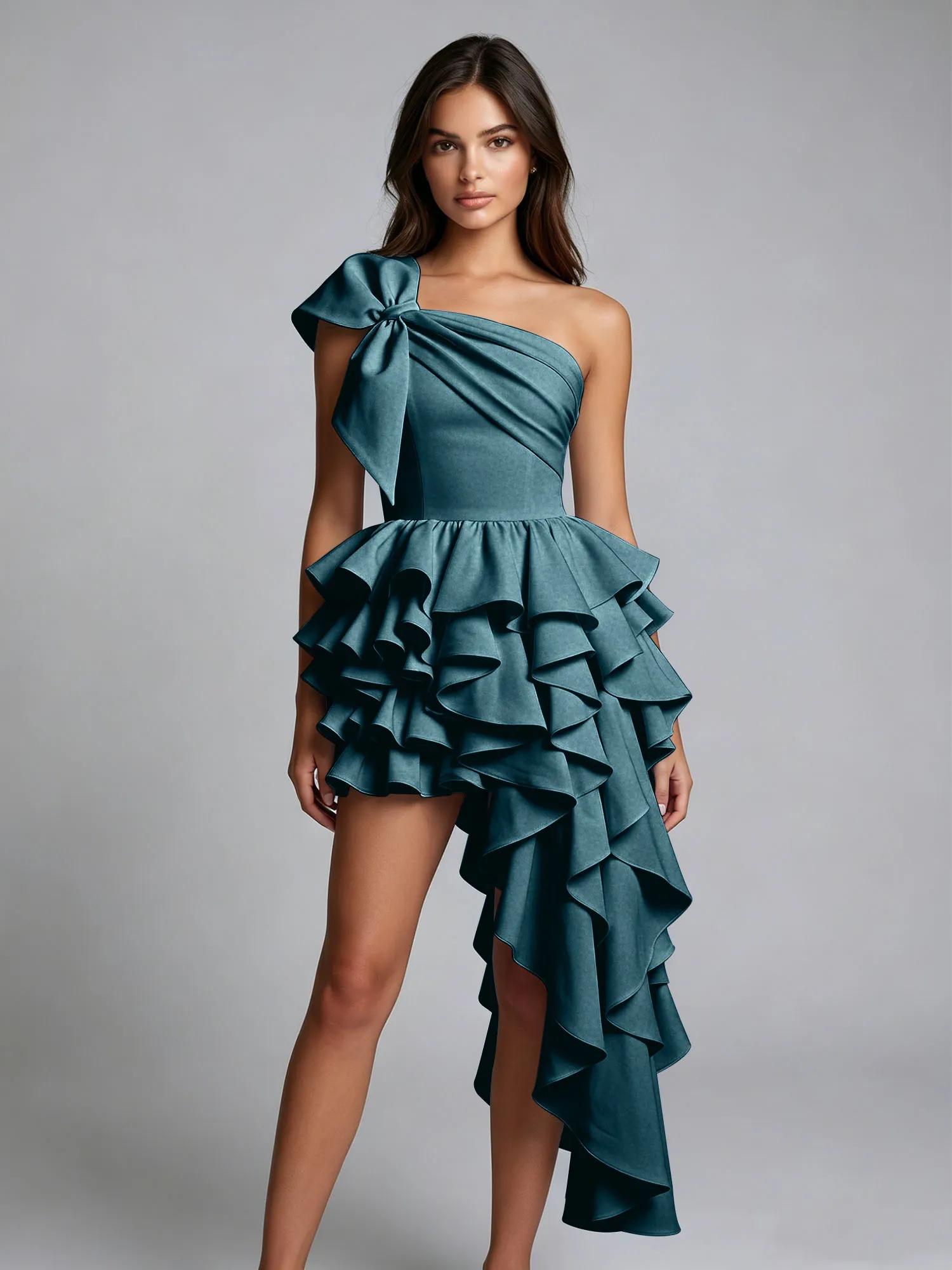 One-Shoulder Bow Tiered Ruffle Asymmetrical Homecoming Dress
