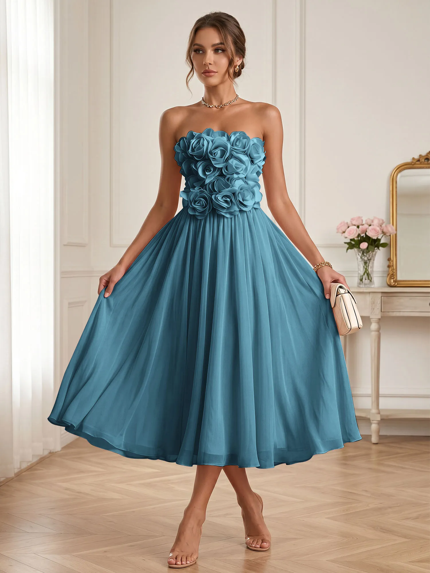 Strapless 3D Floral Chiffon A-Line Midi Formal Dress