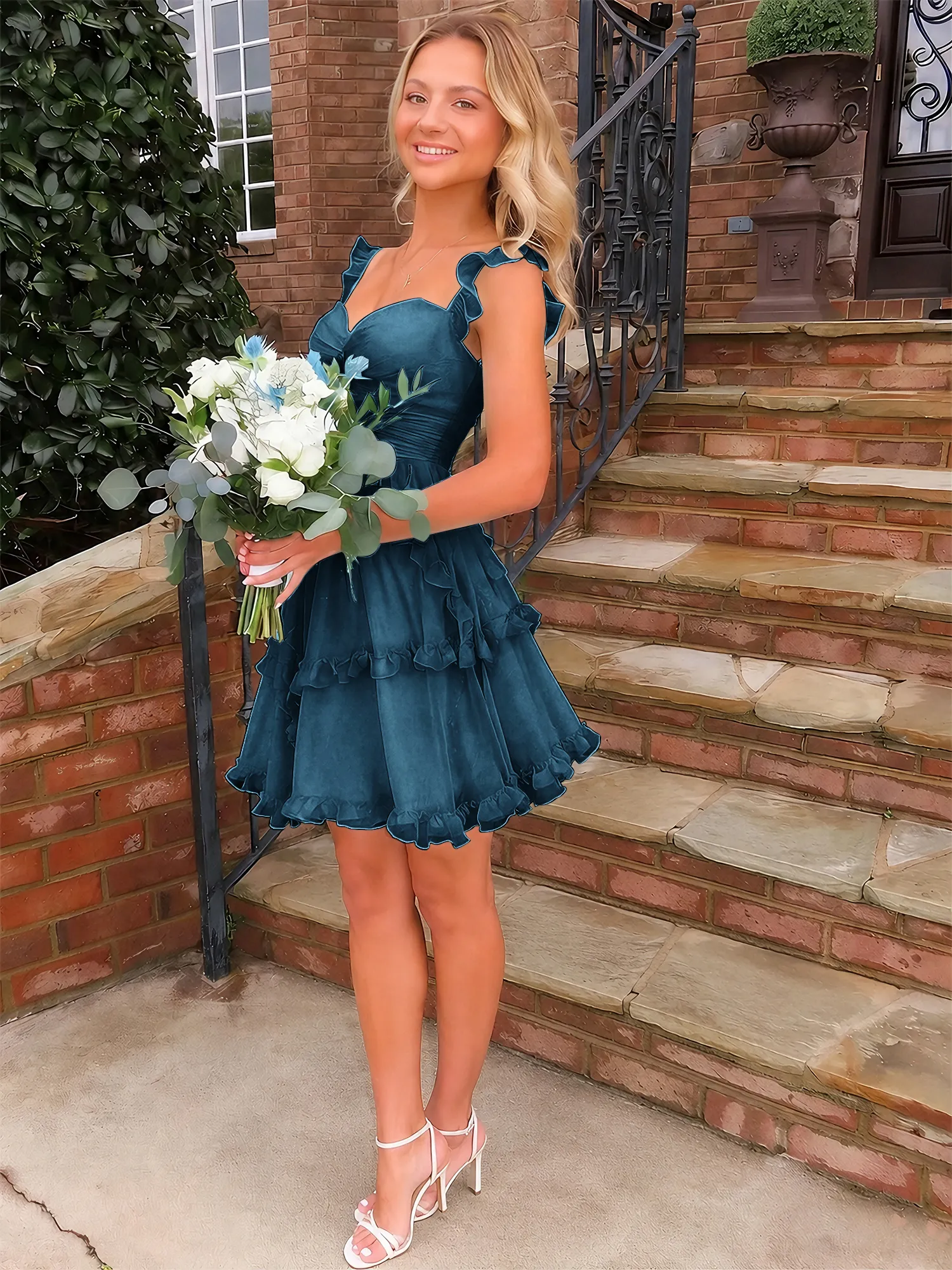 A Line Ruffled Tiered Chiffon Homecoming Dress with Lace-Up Back