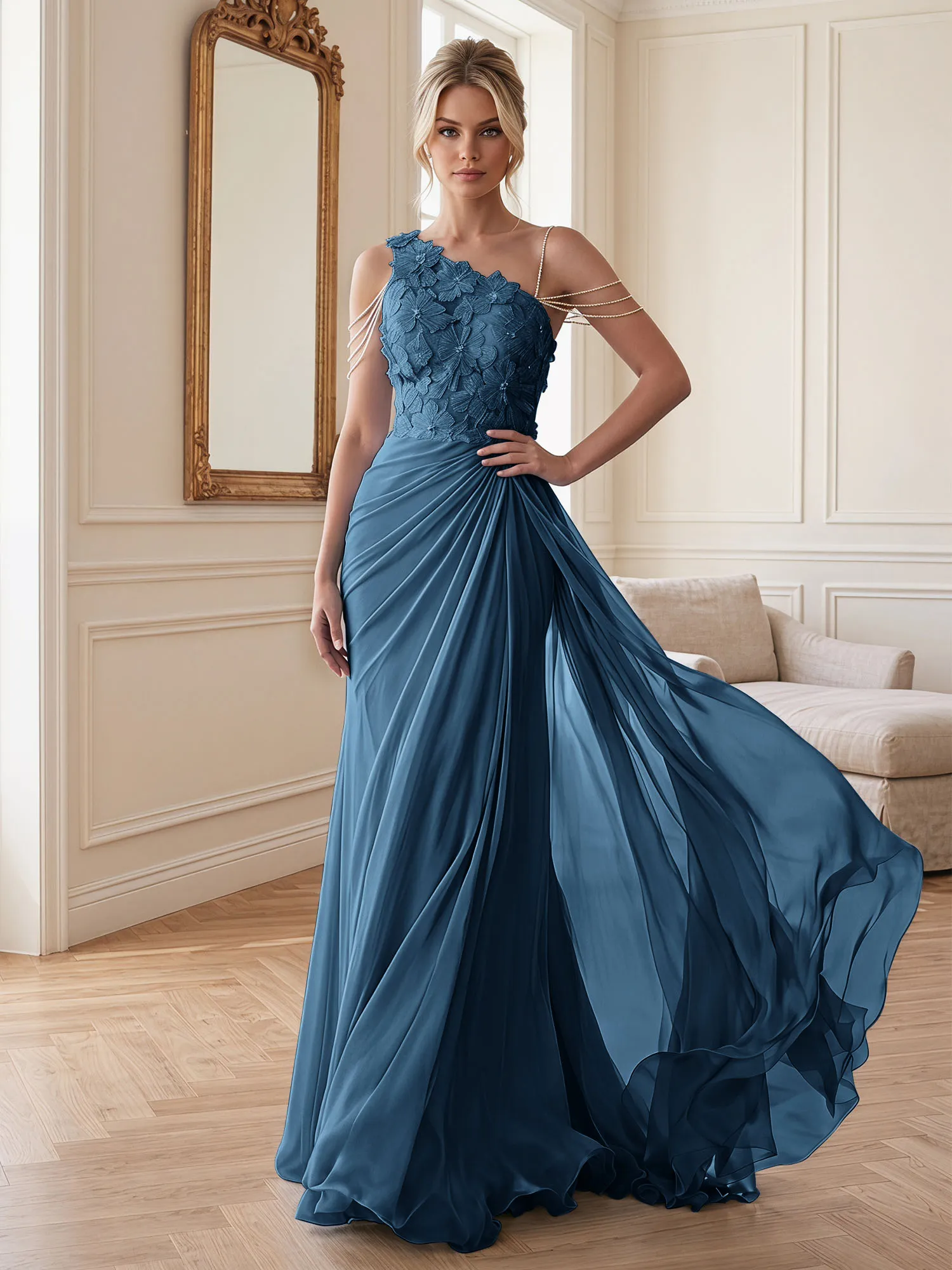 One-Shoulder Floral Lace Chiffon Evening Gown