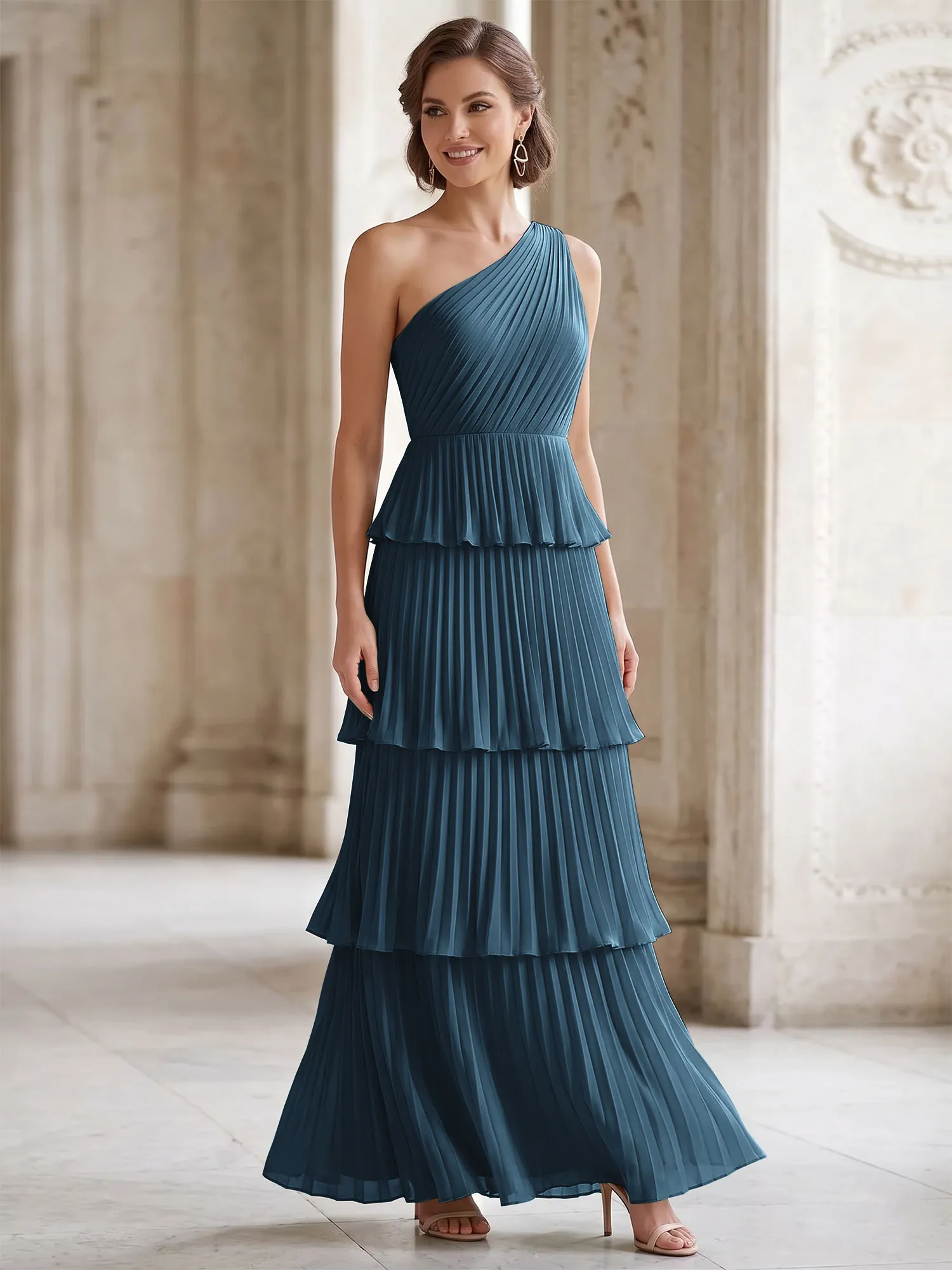 One-Shoulder Tiered Pleated Chiffon Evening Gown