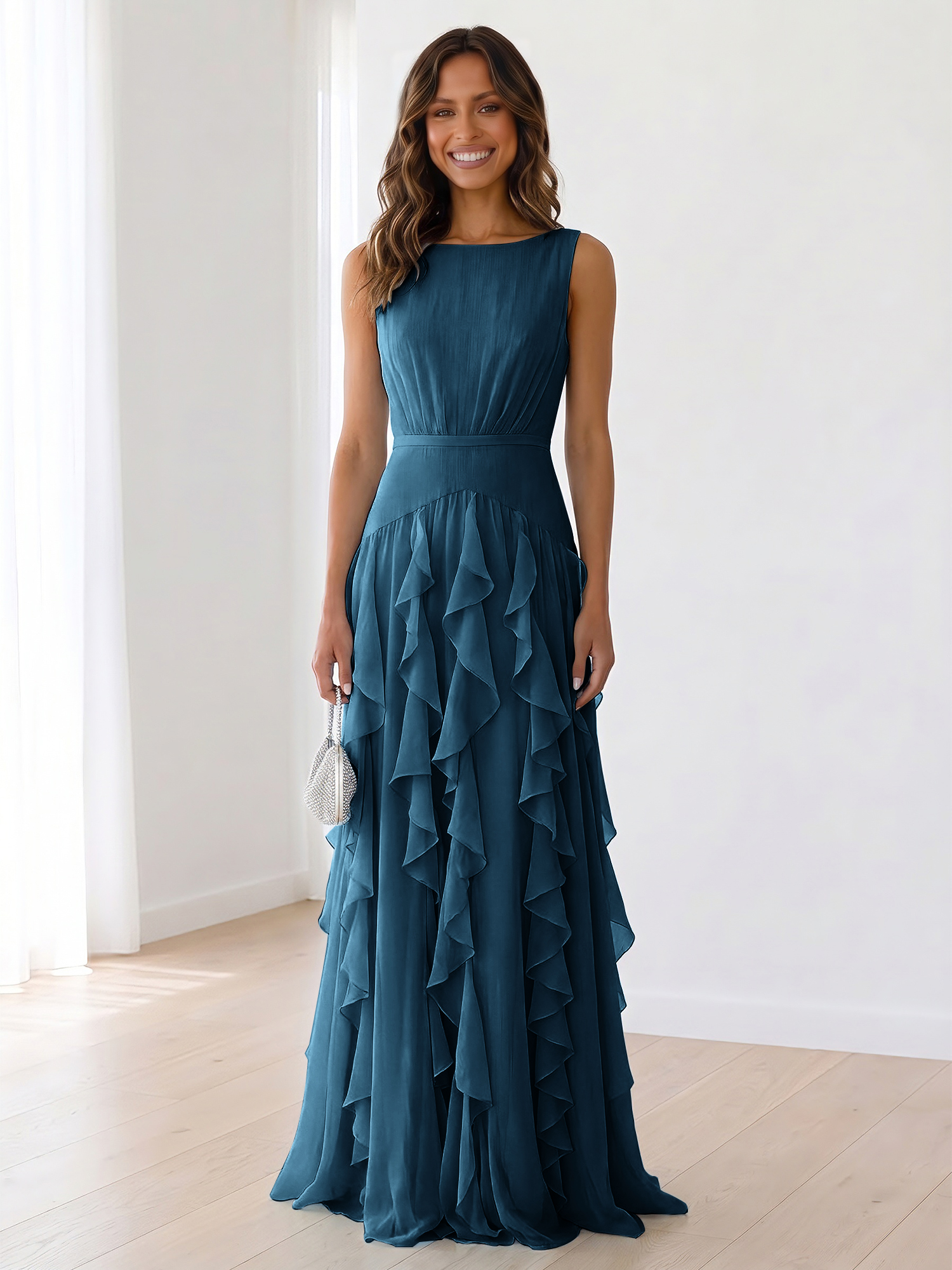 Ethereal Powder Blue Cascading Ruffle Maxi Formal Evening Dress