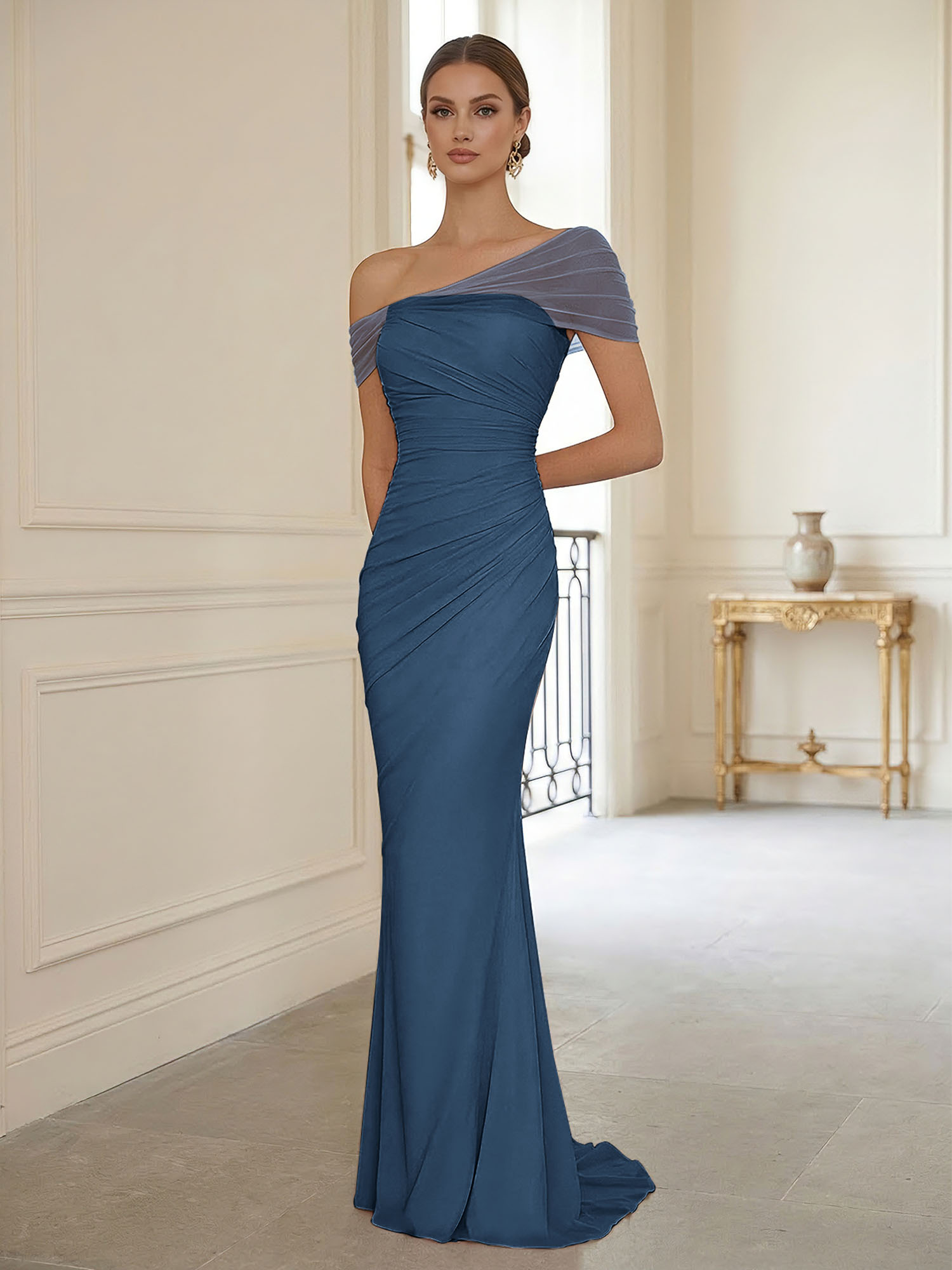 Sophisticated Blush Pink Asymmetrical Ruched Maxi Dress Evening Gown