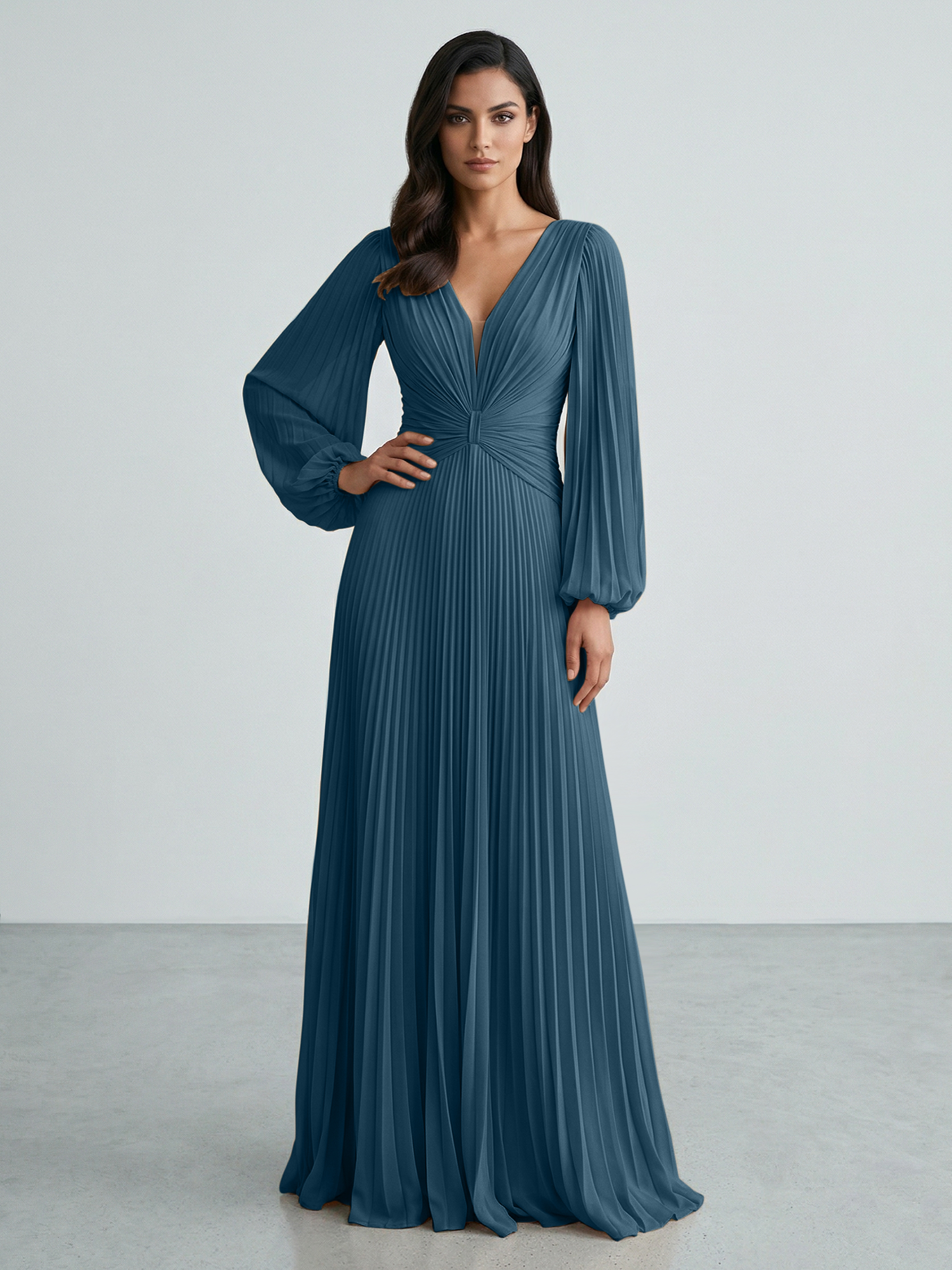 Slate Blue Plunging V-Neck Pleated Long Sleeve Maxi Dress Gown