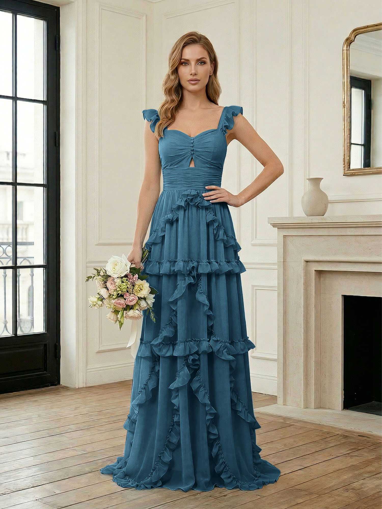 Ethereal Sky Blue Tiered Ruffle Chiffon Maxi Dress Gown