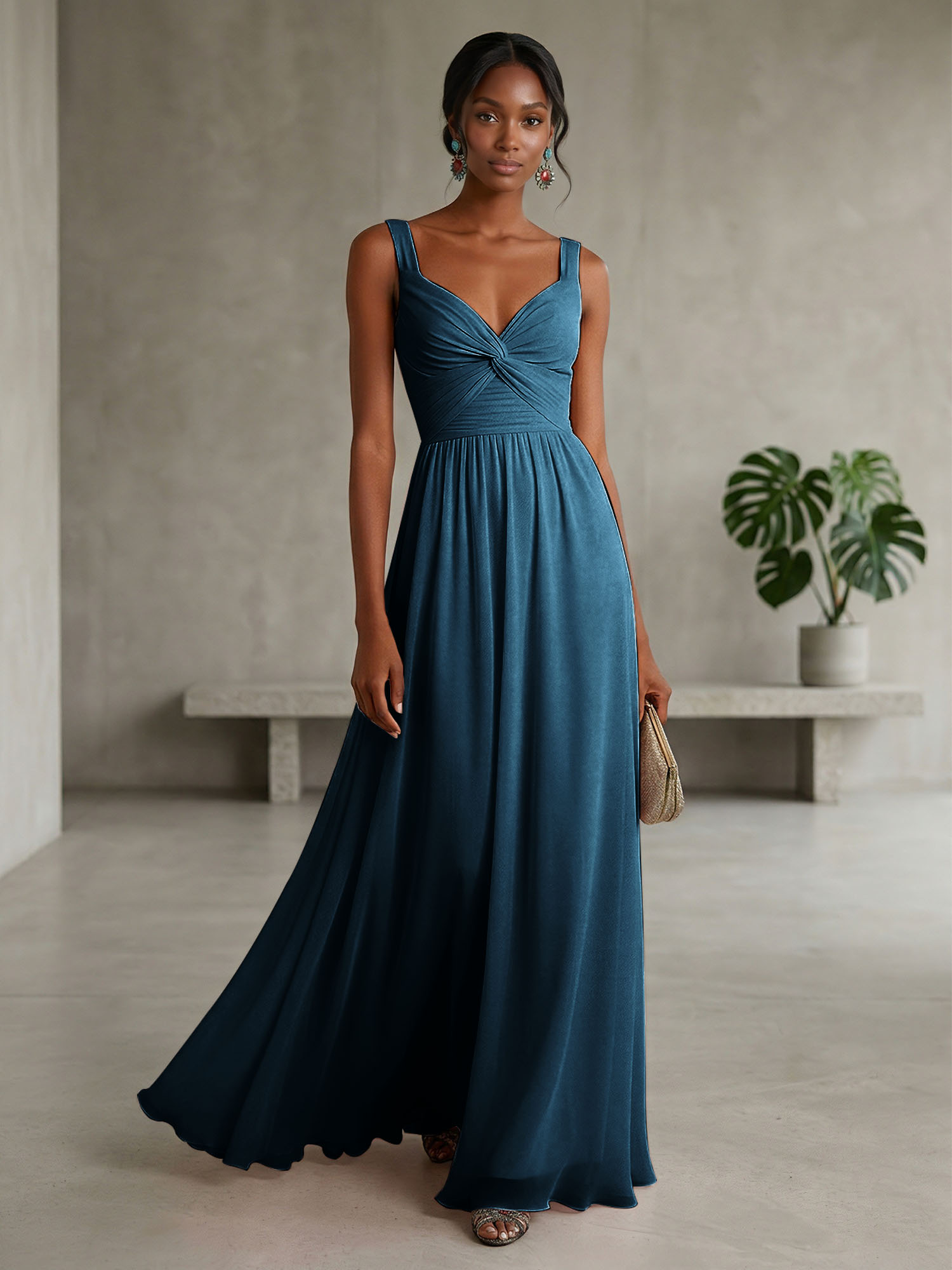 Elegant Soft Blush Twist-Front Chiffon Maxi Gown