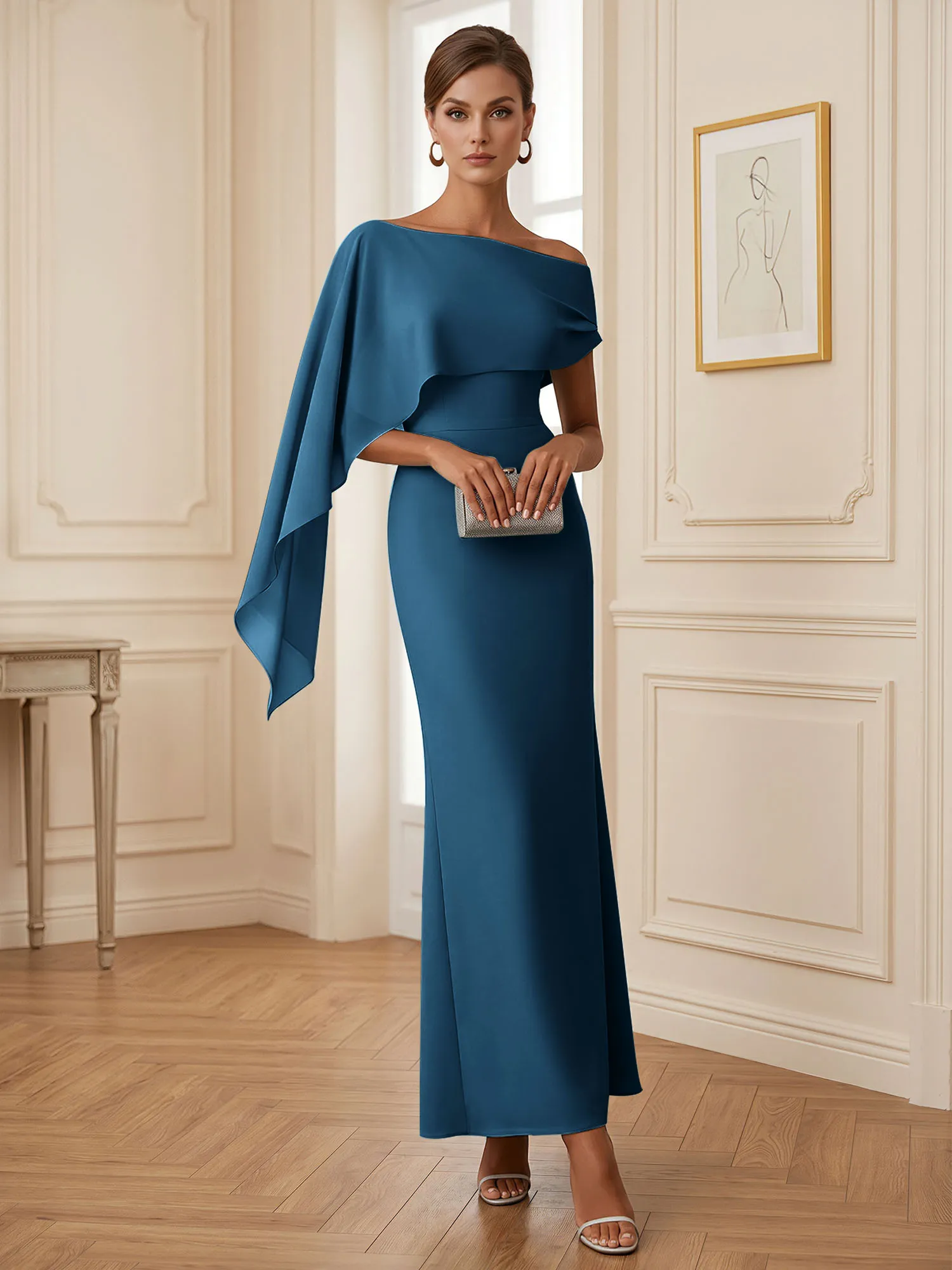 One-Shoulder Chiffon Overlay Mermaid Evening Gown
