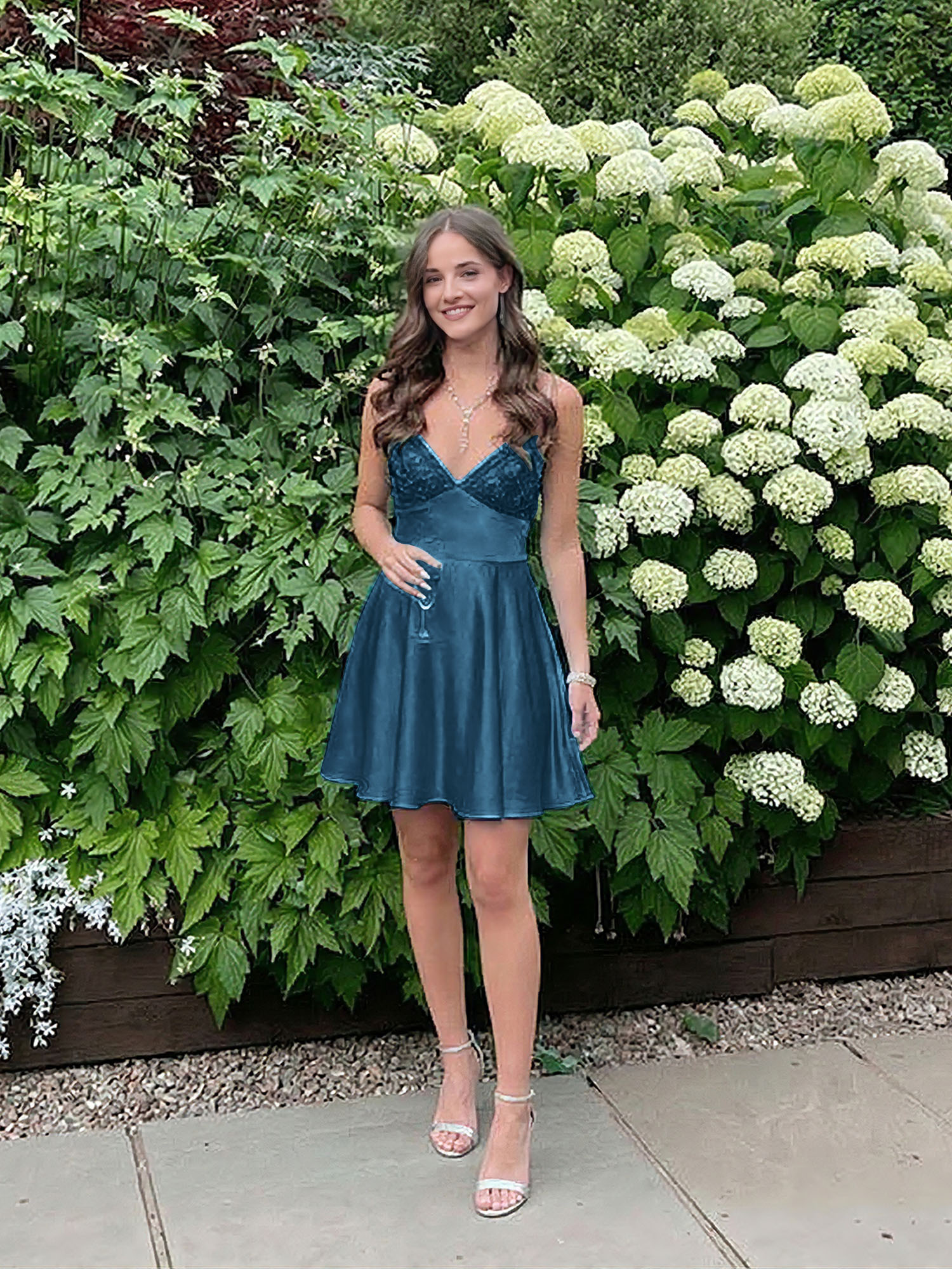 Blue A Line V-neck Beaded Back Tie Short Homecoming Mini Dress