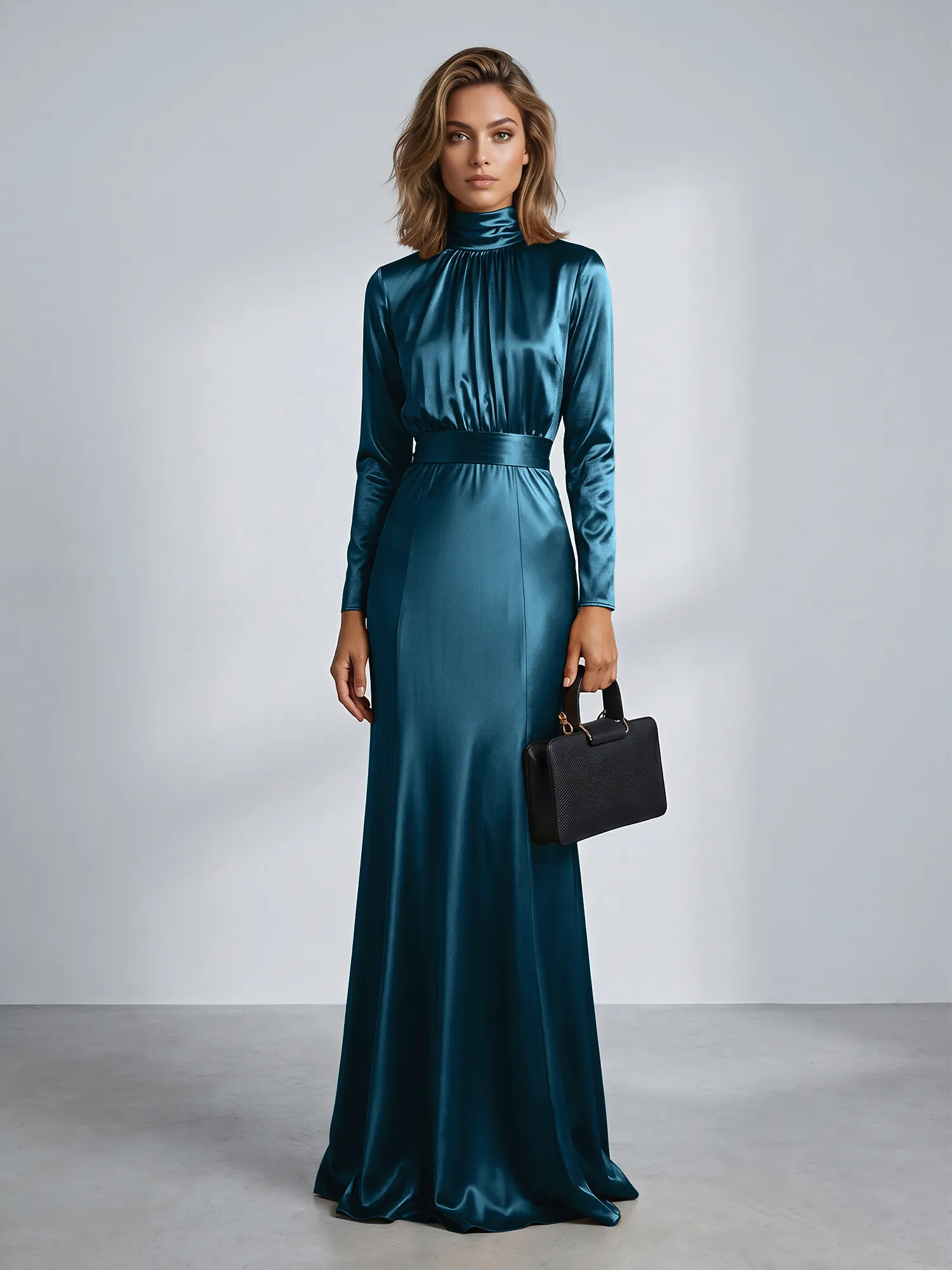 High Neck Long Sleeve Satin Mermaid Evening Gown with Waist Sash