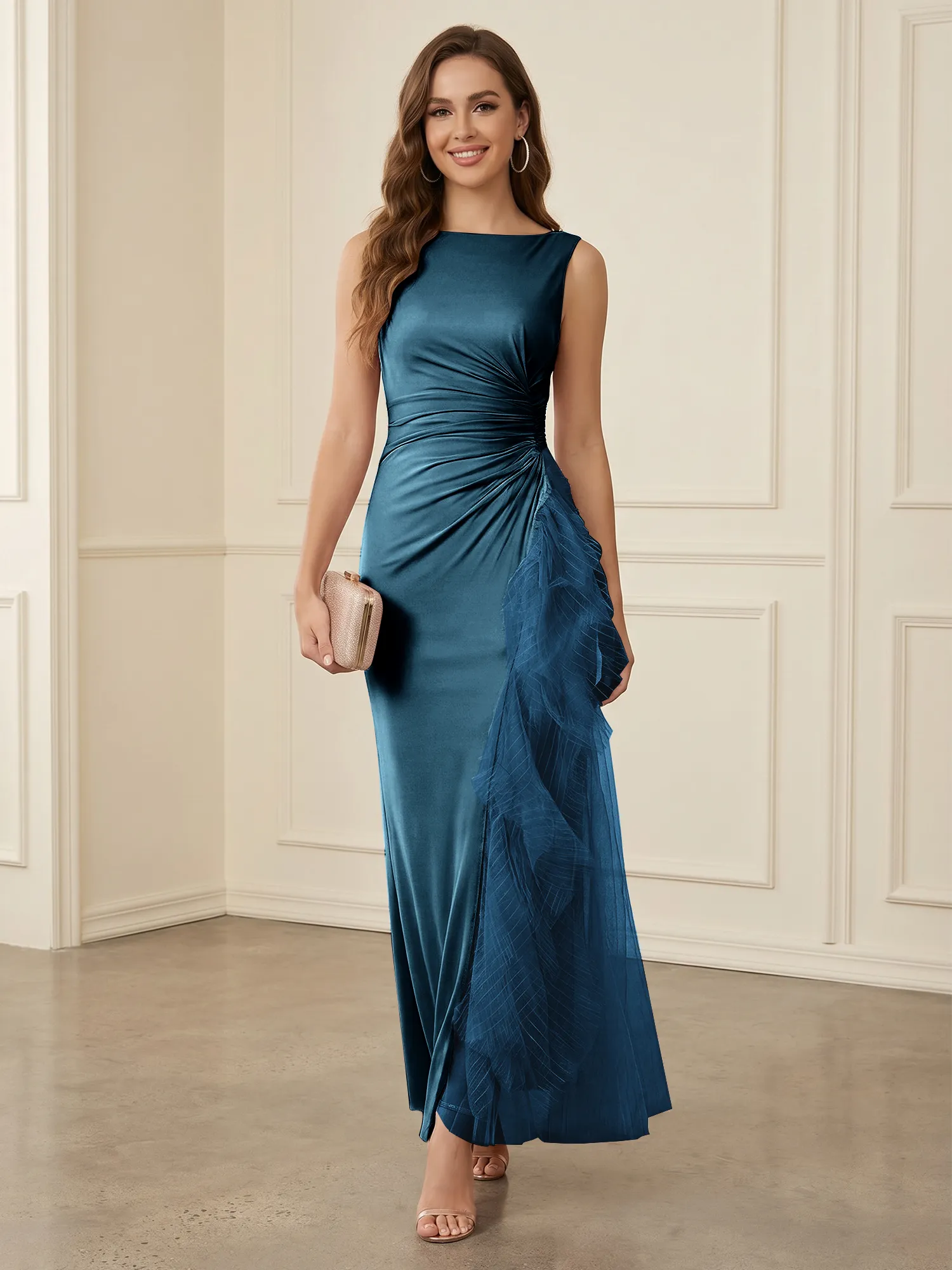 Sleeveless Ruched Sheath Evening Gown with Tulle Ruffle Detail