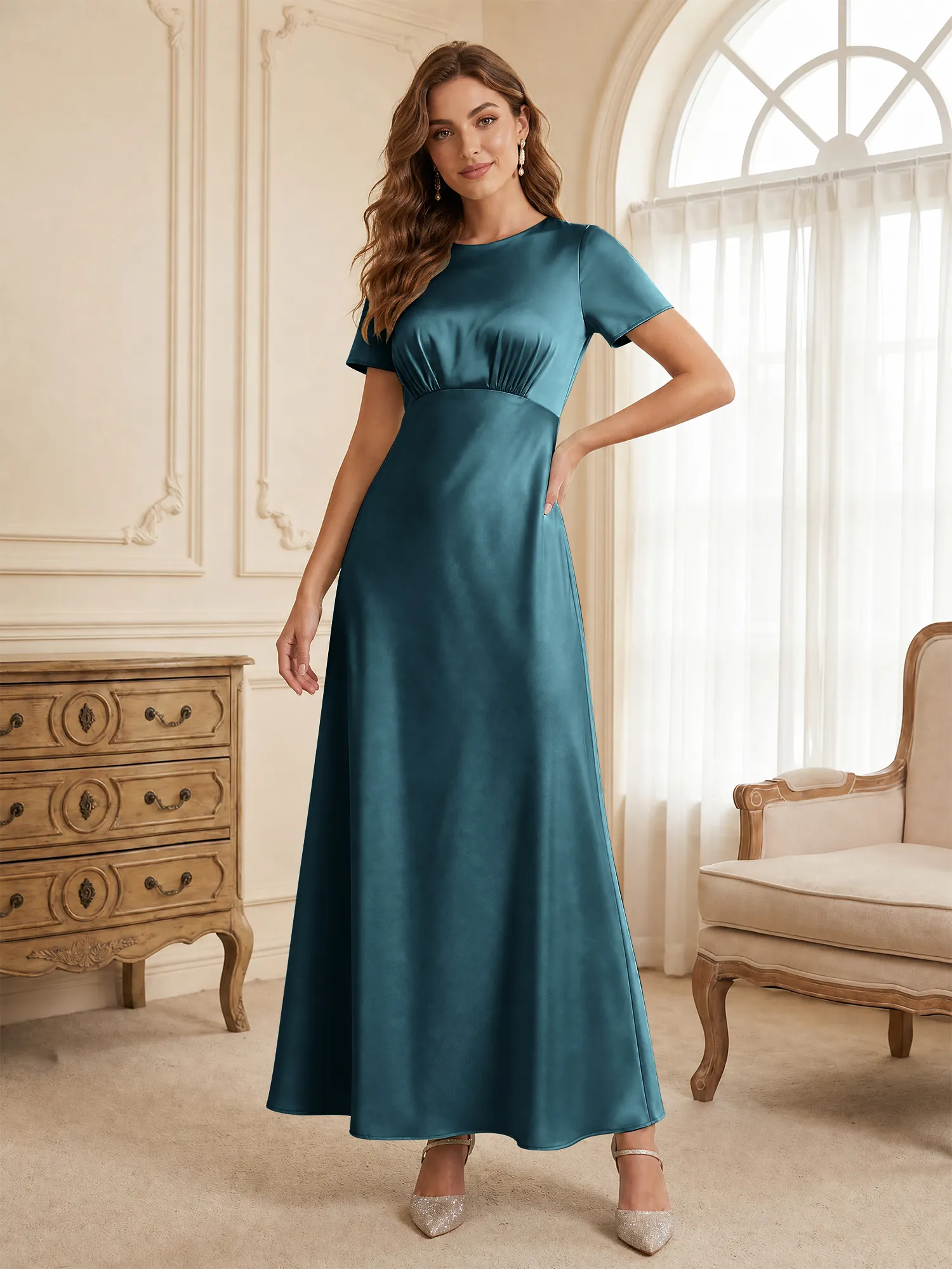 Round Neck Short Sleeve Satin Bridesmaid Dress