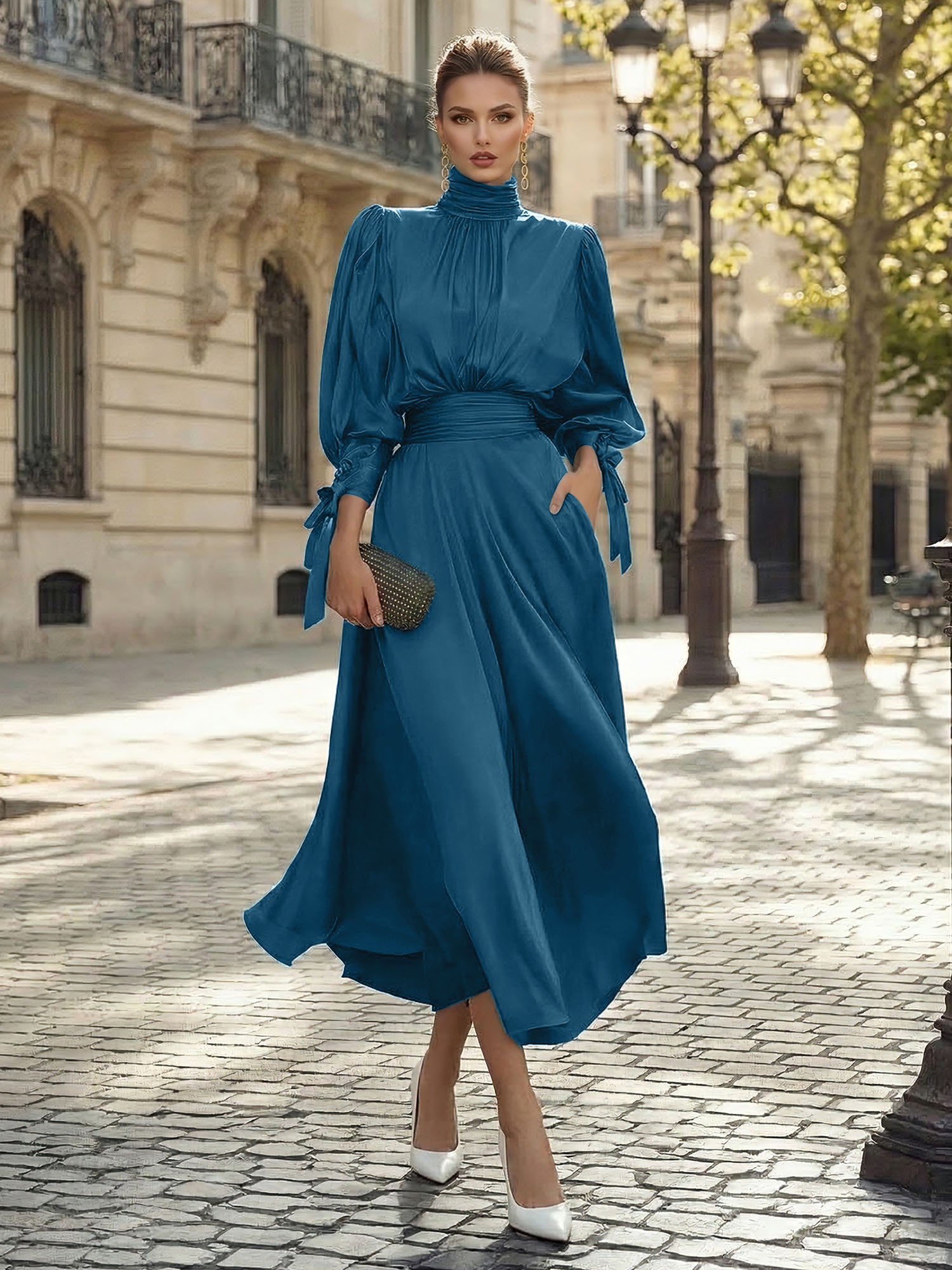 Sophisticated Camel V-Neck Balloon Sleeve Midi Dress Evening Gown