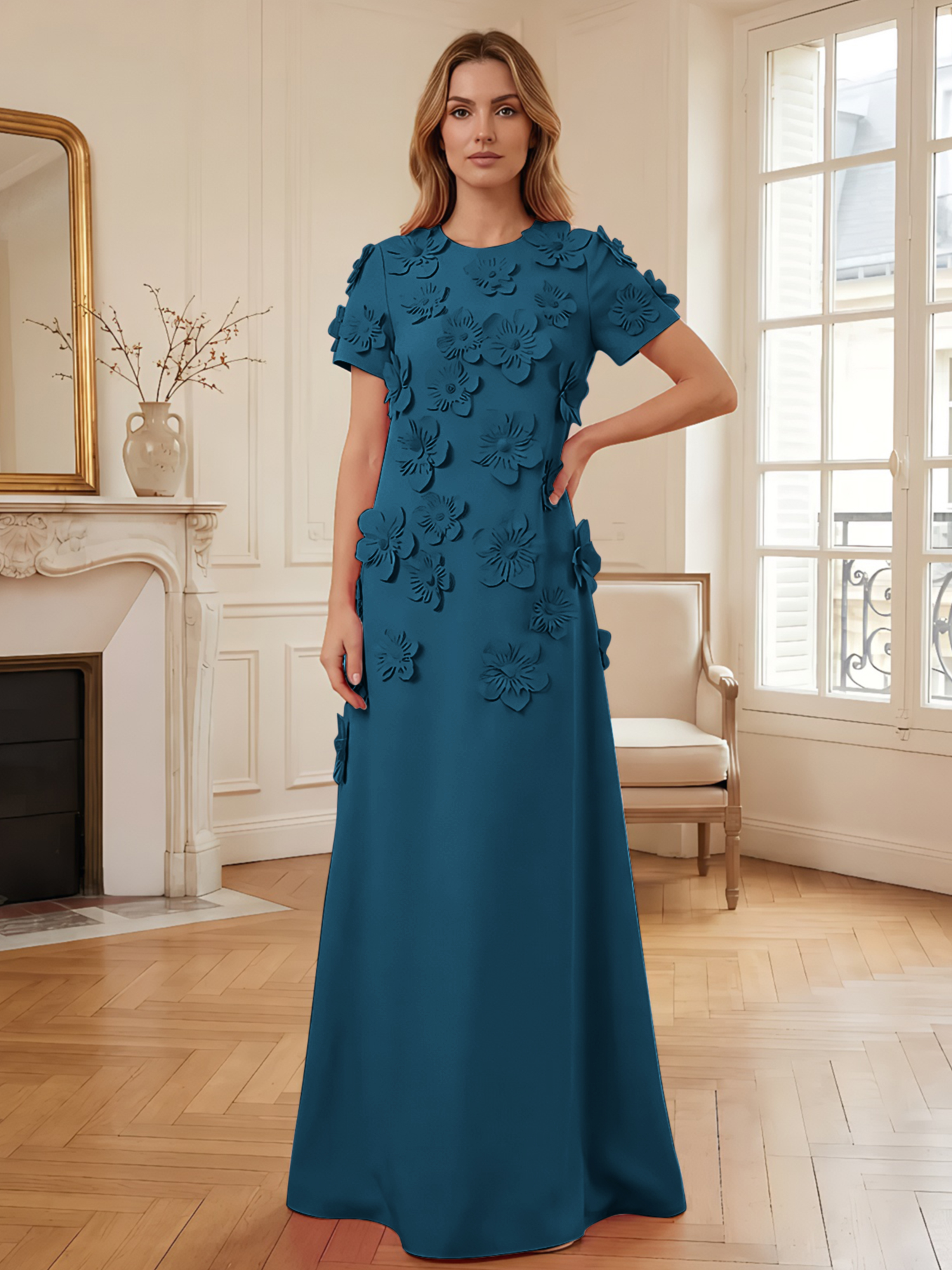 3D Floral Applique Short-Sleeve Column Evening Gown