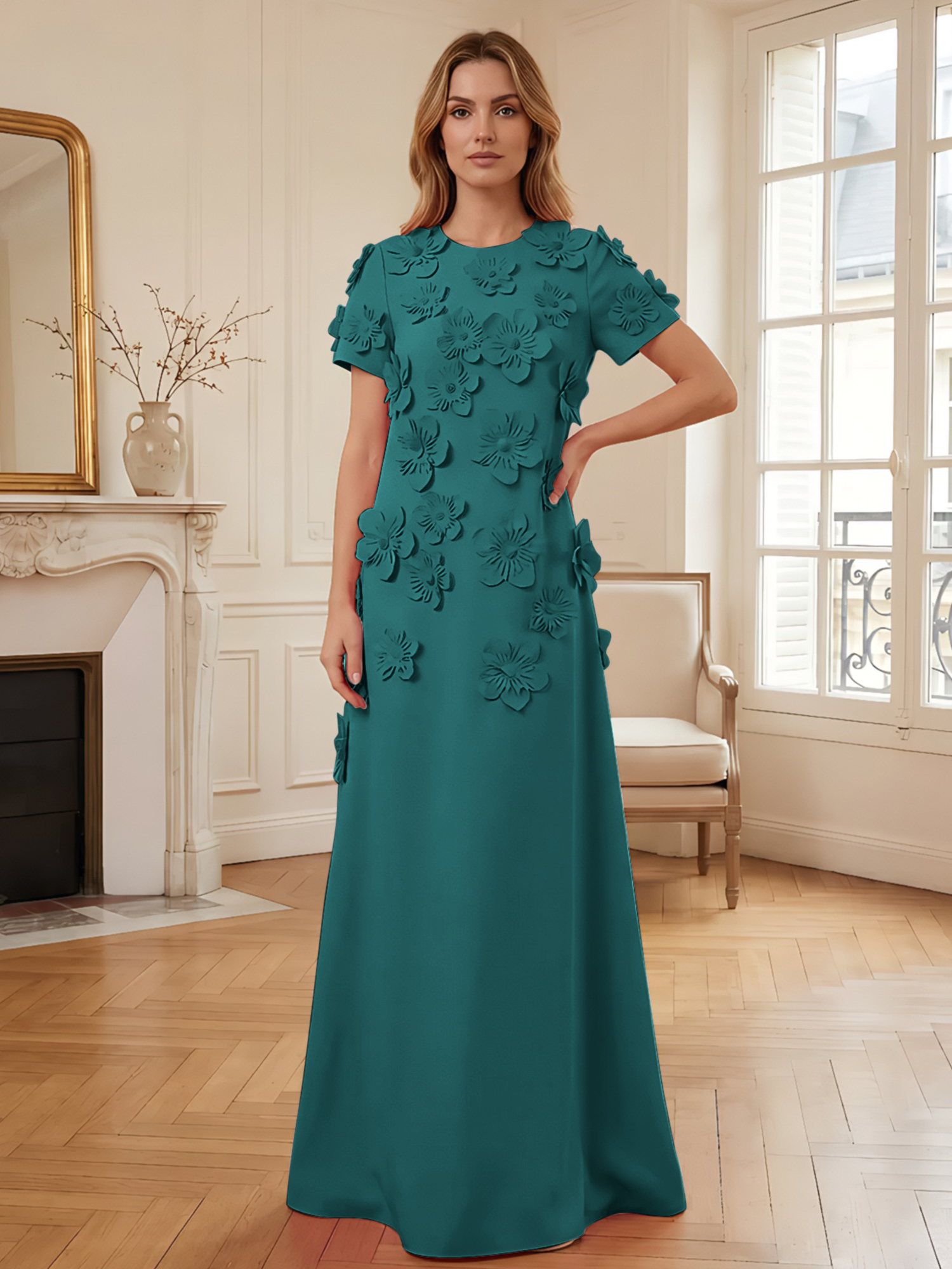 3D Floral Applique Short-Sleeve Column Evening Gown