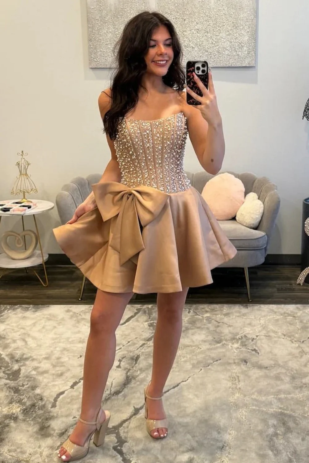 Radiant Brown Pearl-Embellished Corset Strapless Homecoming Dress