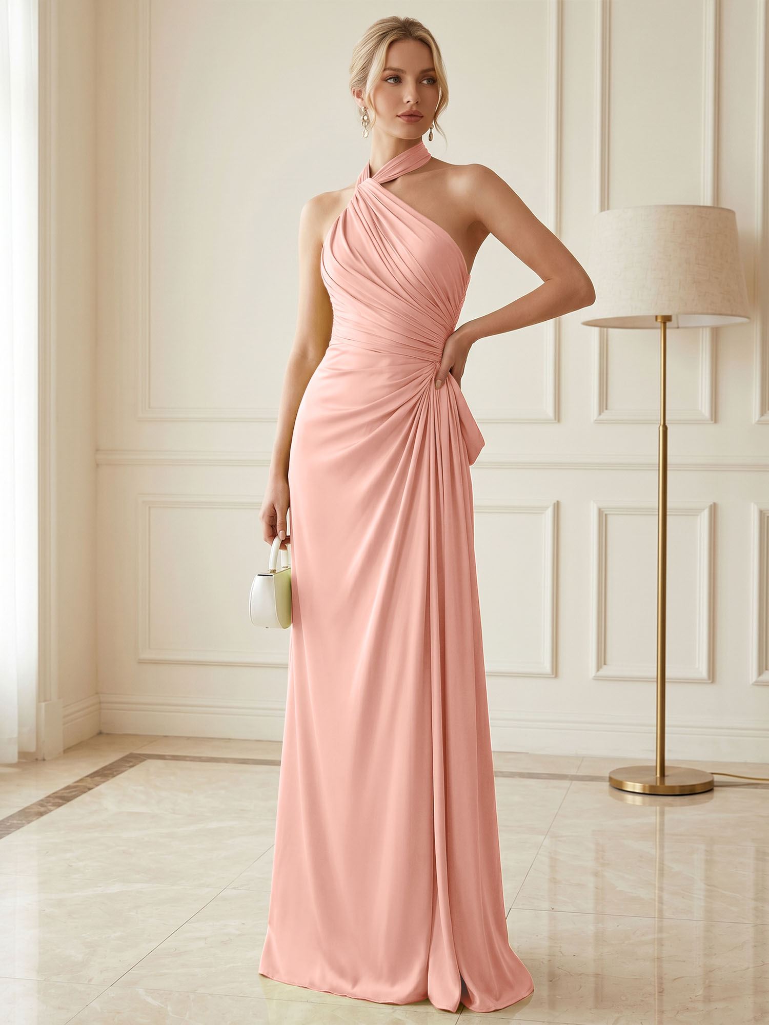 Chartreuse Glow Ruched Halter Satin Evening Dress