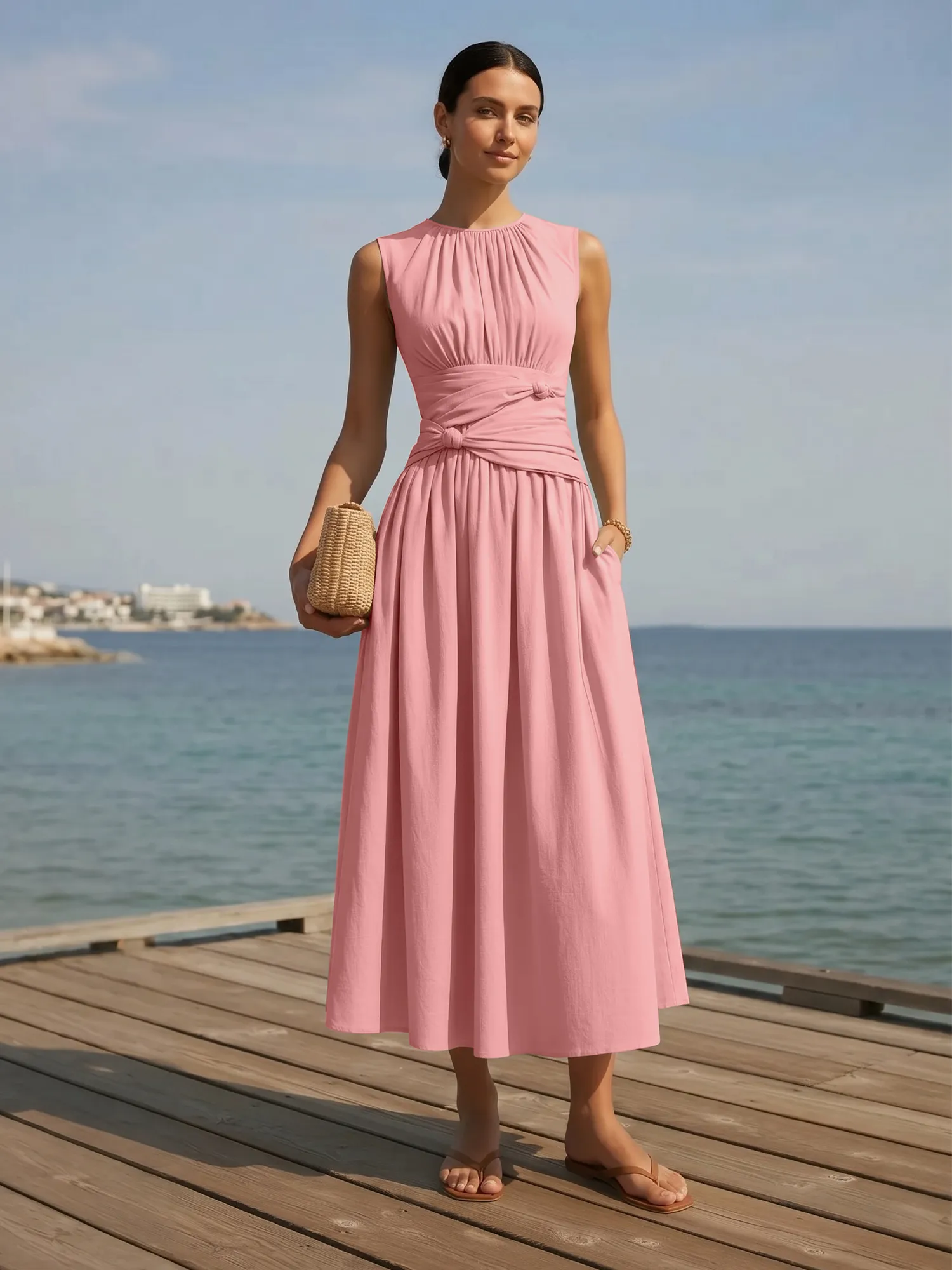 Sleeveless Round Neck Waist-Knot Midi Evening Dress