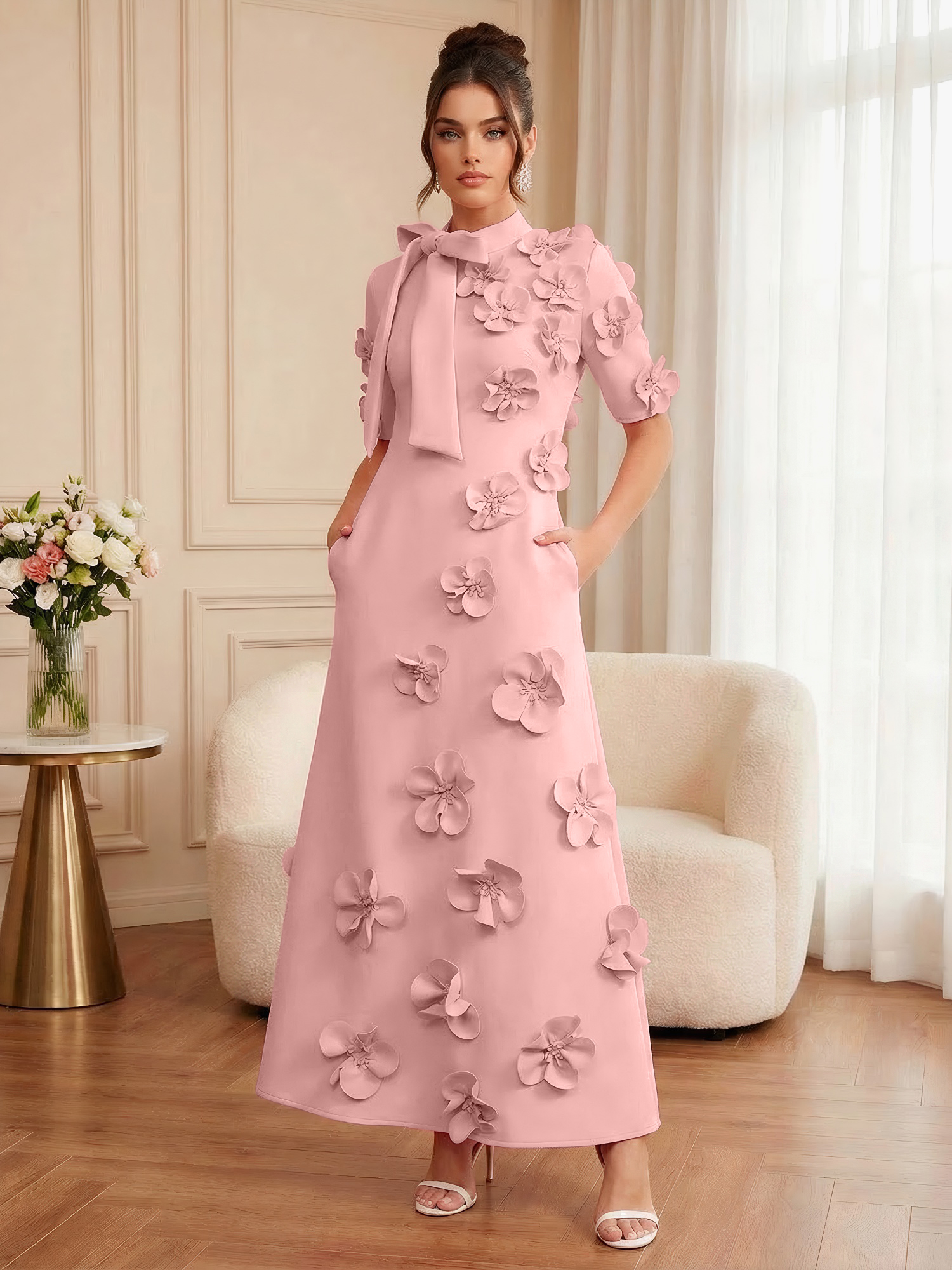 Pink Short Sleeve 3D Floral Maxi Dress Gown