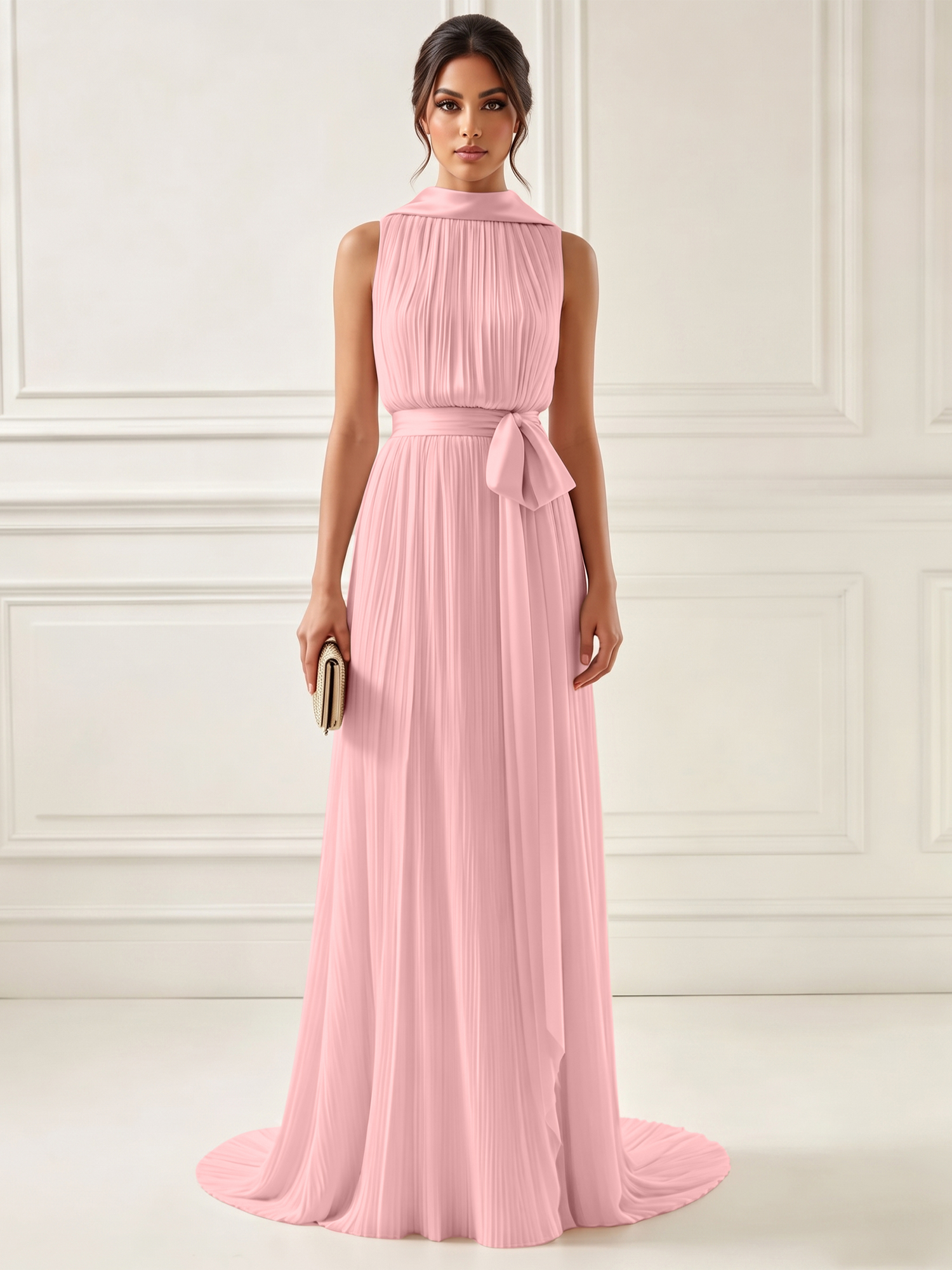 Ethereal Pleated Pastel Pink High Neck Maxi Formal Evening Dress with Satin Sash