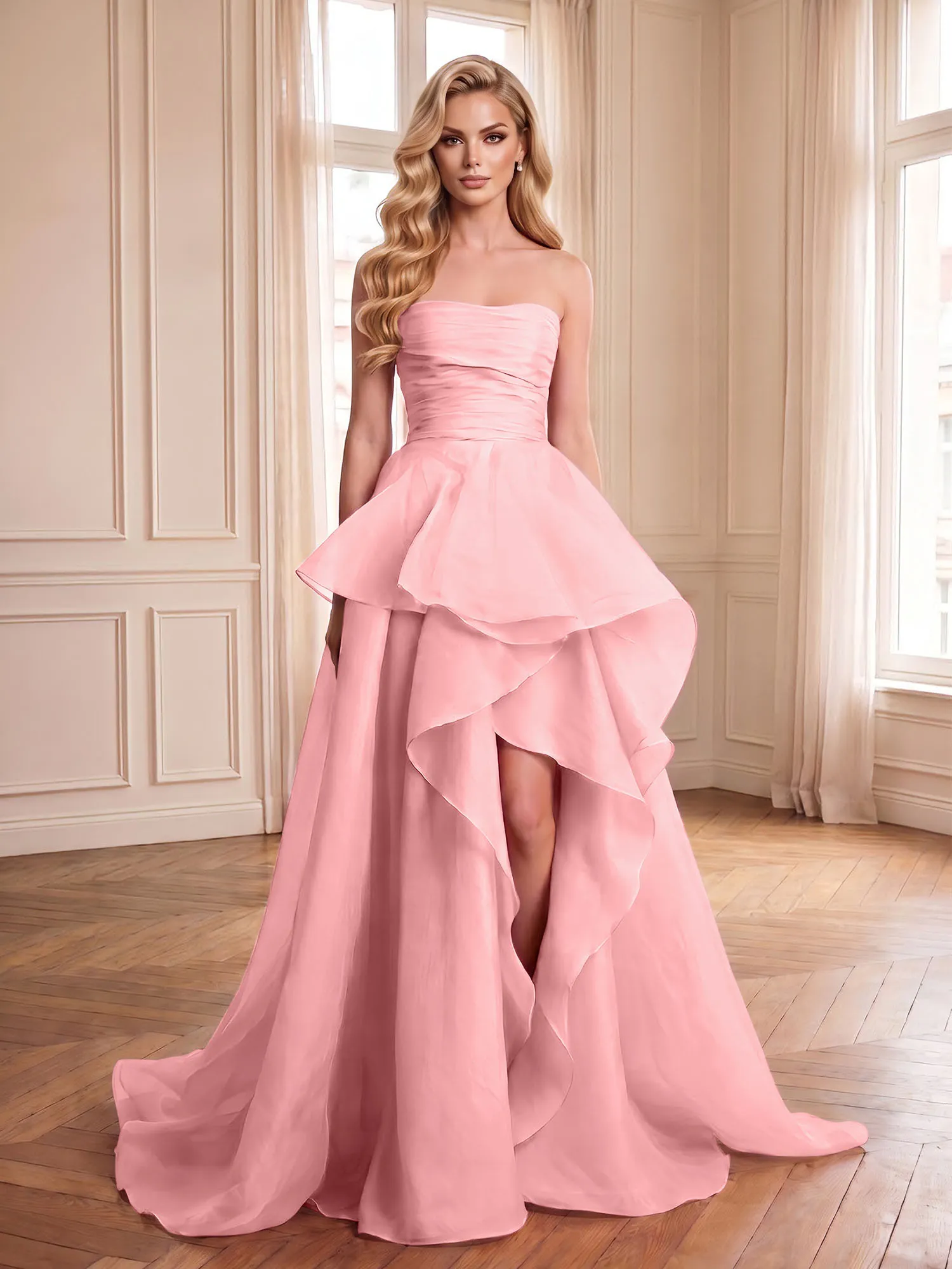 Strapless Tiered Organza Evening Gown with High Slit