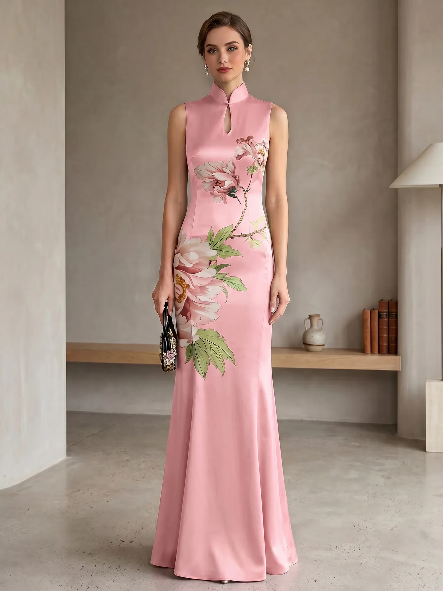 Satin Qipao-Inspired Floral Mermaid Evening Gown
