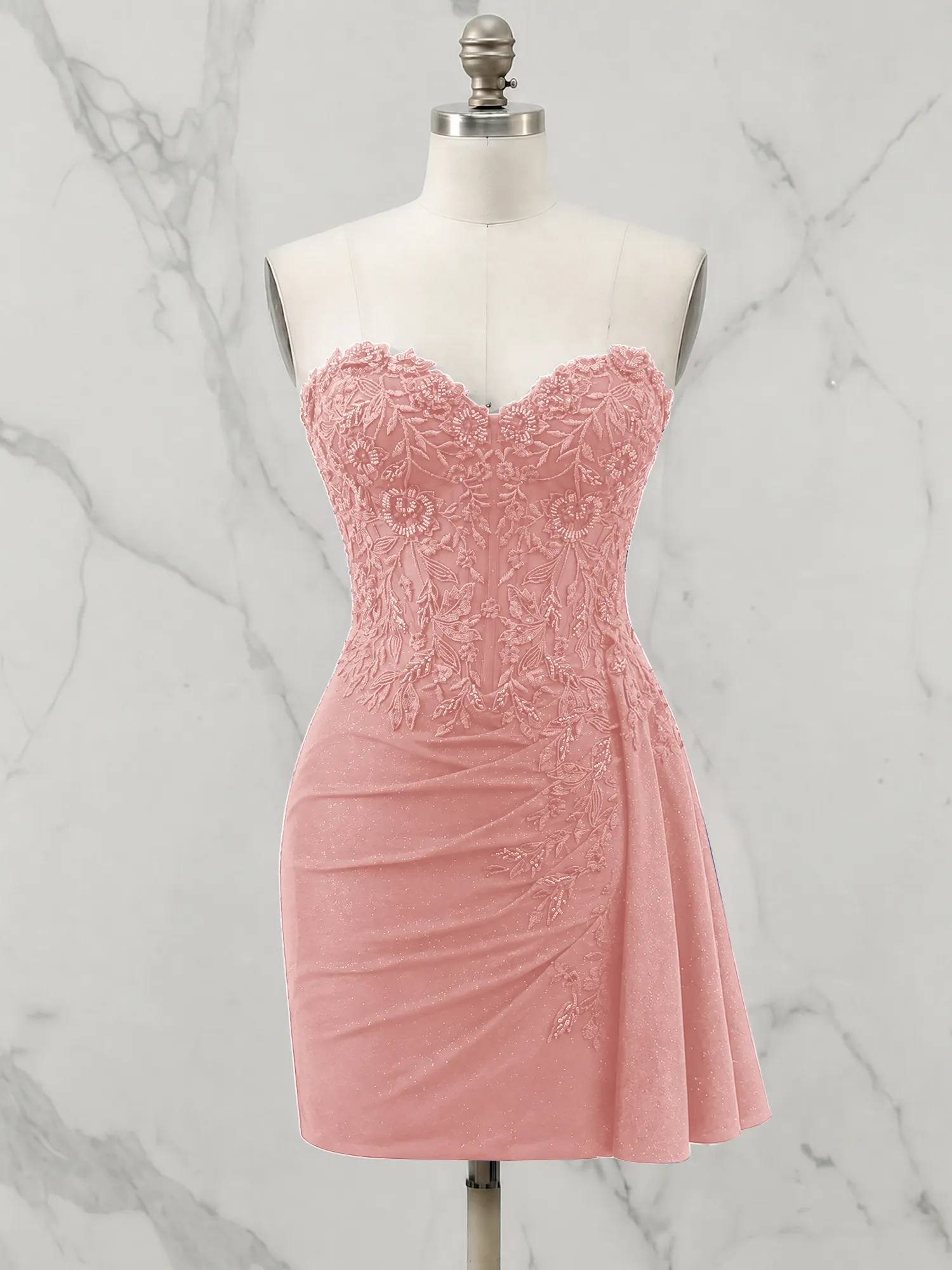 Strapless Lace Appliqué Glitter Homecoming Dress with Side Drape