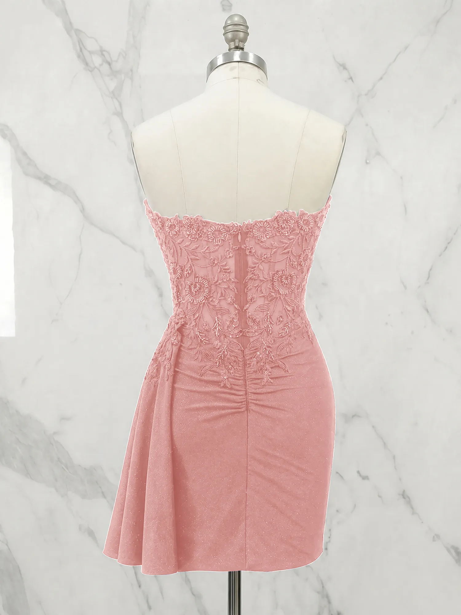 Strapless Lace Appliqué Glitter Homecoming Dress with Side Drape