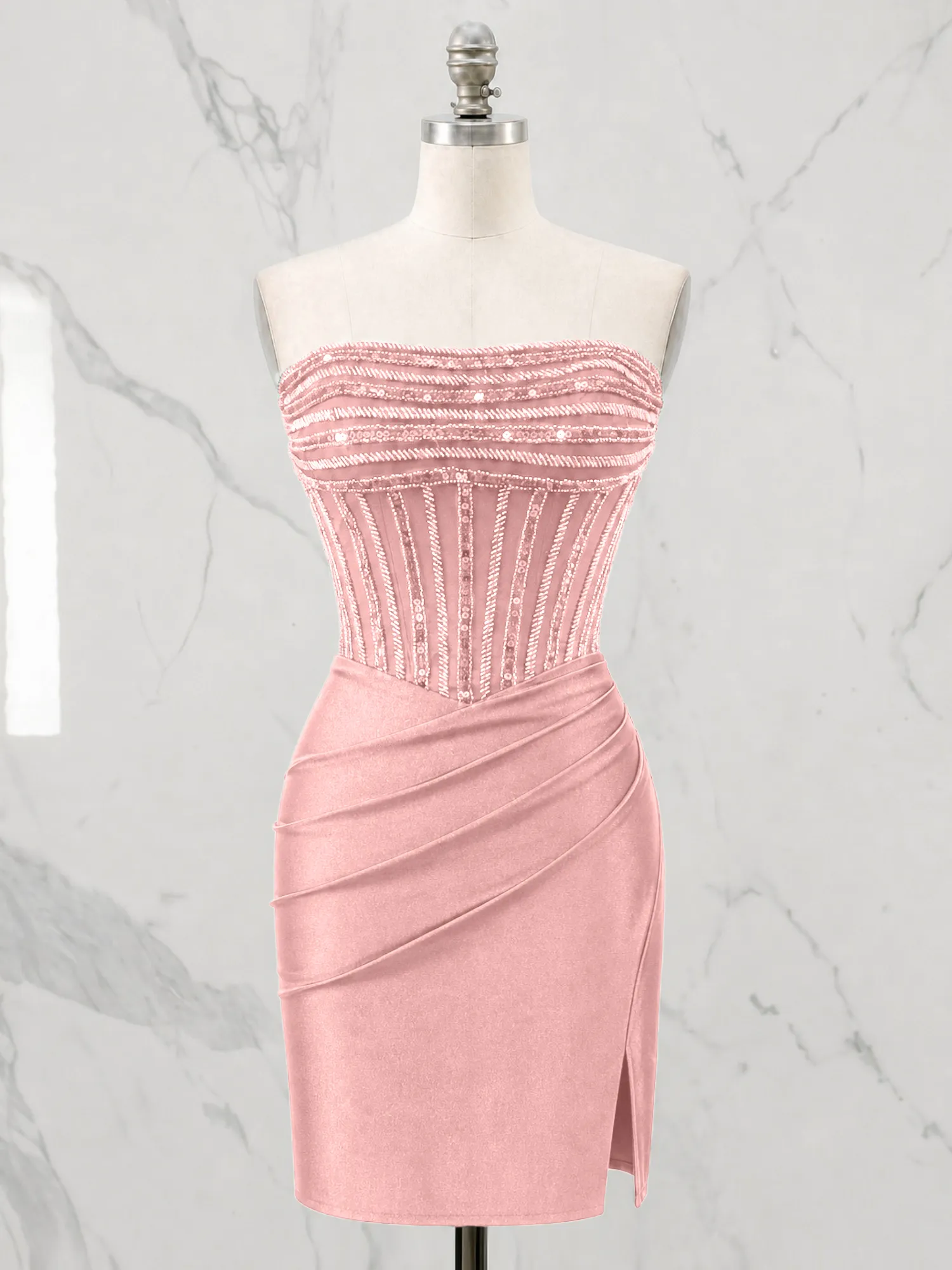 Strapless Beaded Corset Homecoming Dress with Ruched Skirt
