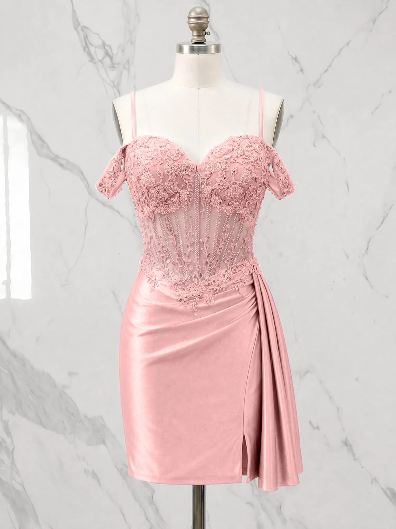 Off-the-Shoulder Lace Corset Homecoming Dress with Draped Skirt