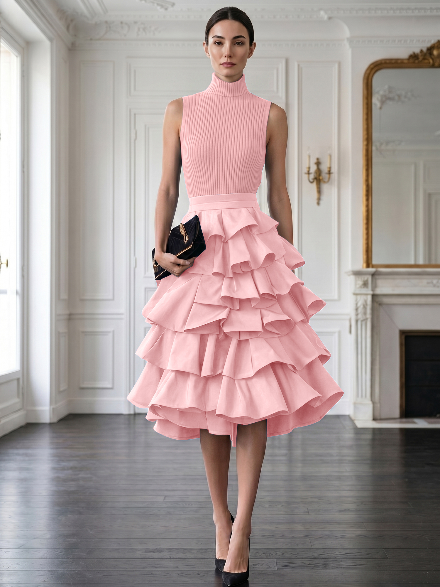 Avant-Garde Black High-Neck Tiered Ruffled Evening Gown