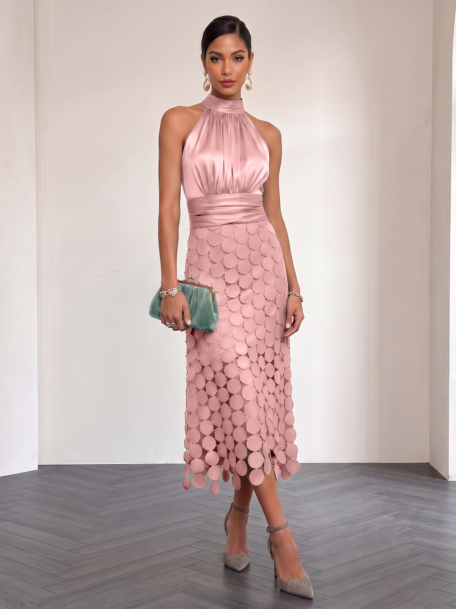Ice Blue Satin Halter Circle Motif Midi Formal Evening Gown