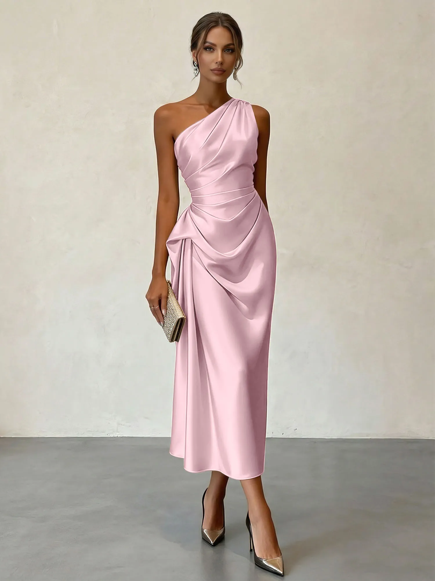 One-Shoulder Ruched Satin Midi Evening Dress with Draped Detail