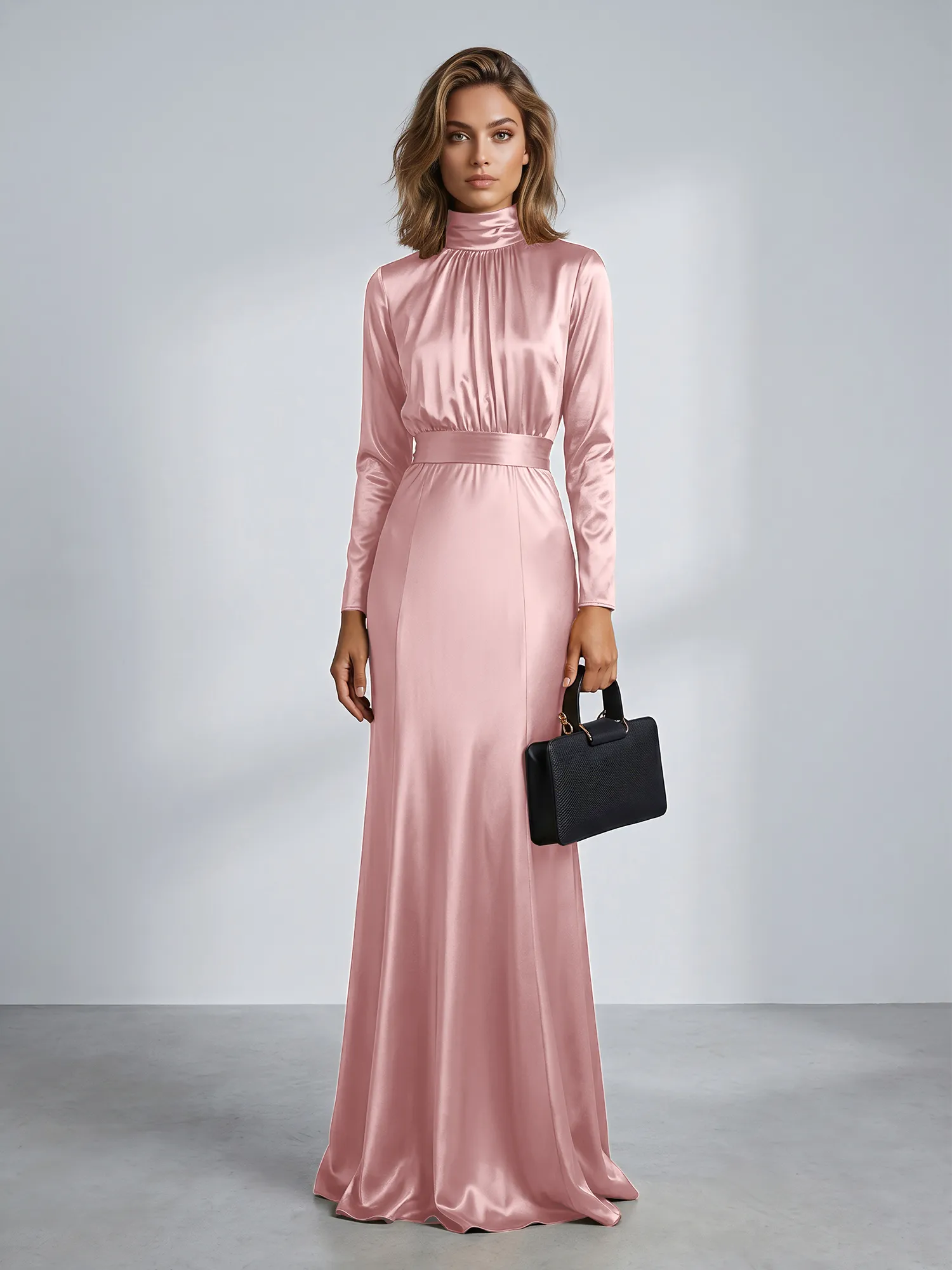 High Neck Long Sleeve Satin Mermaid Evening Gown with Waist Sash