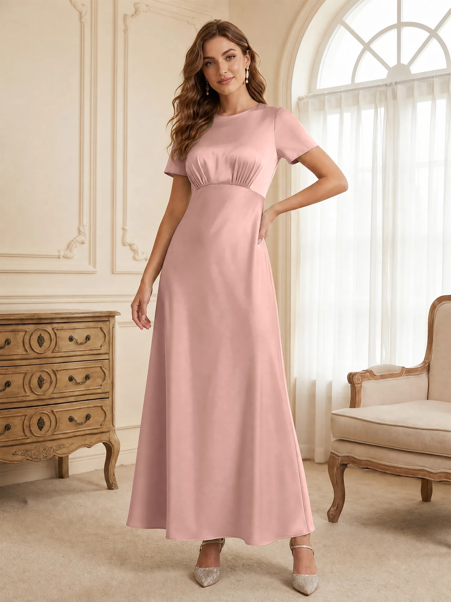 Round Neck Short Sleeve Satin Bridesmaid Dress