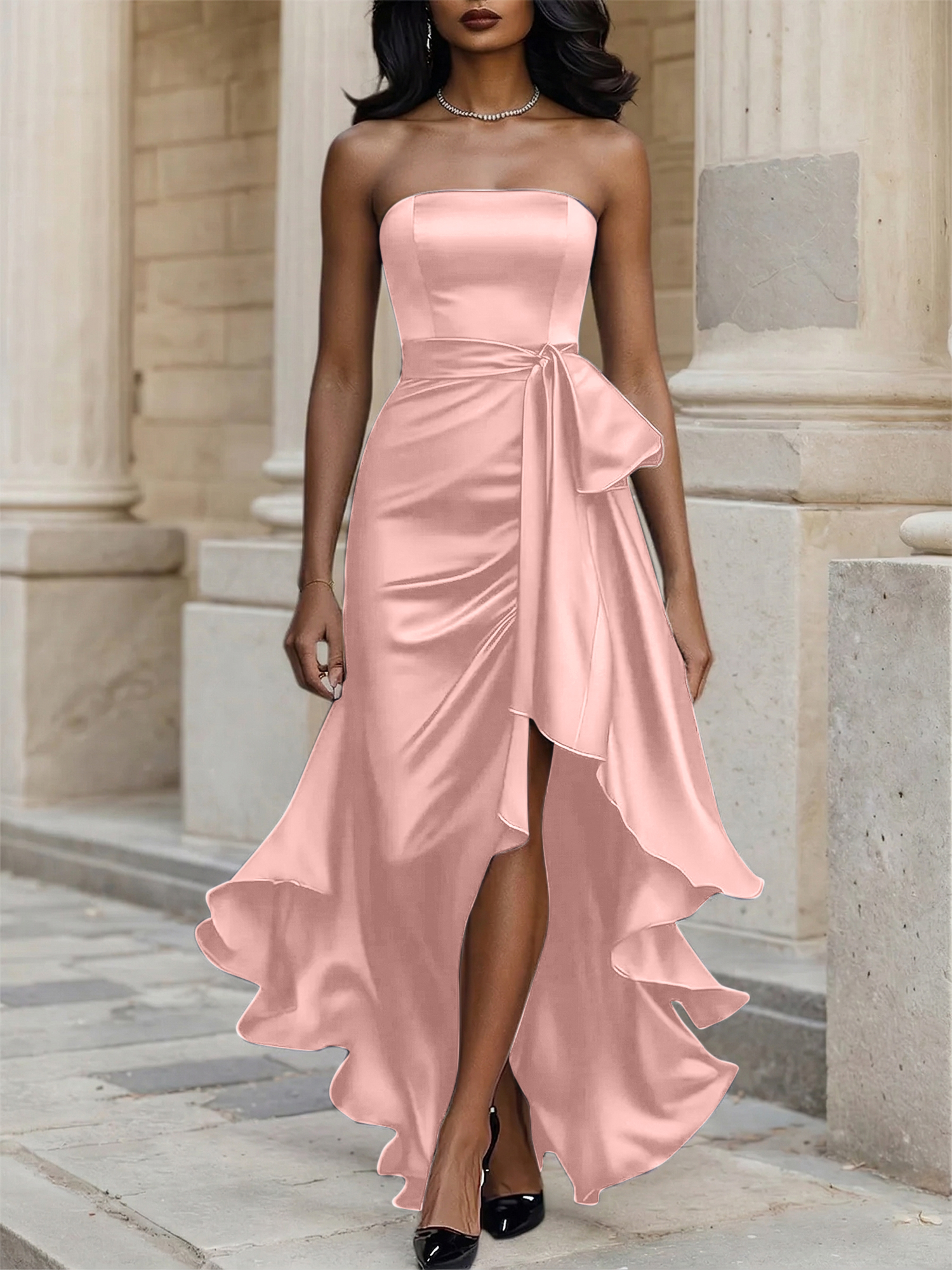 Glamorous Formal Dress Midnight Navy Strapless High-Low Satin Gown Midi Dress