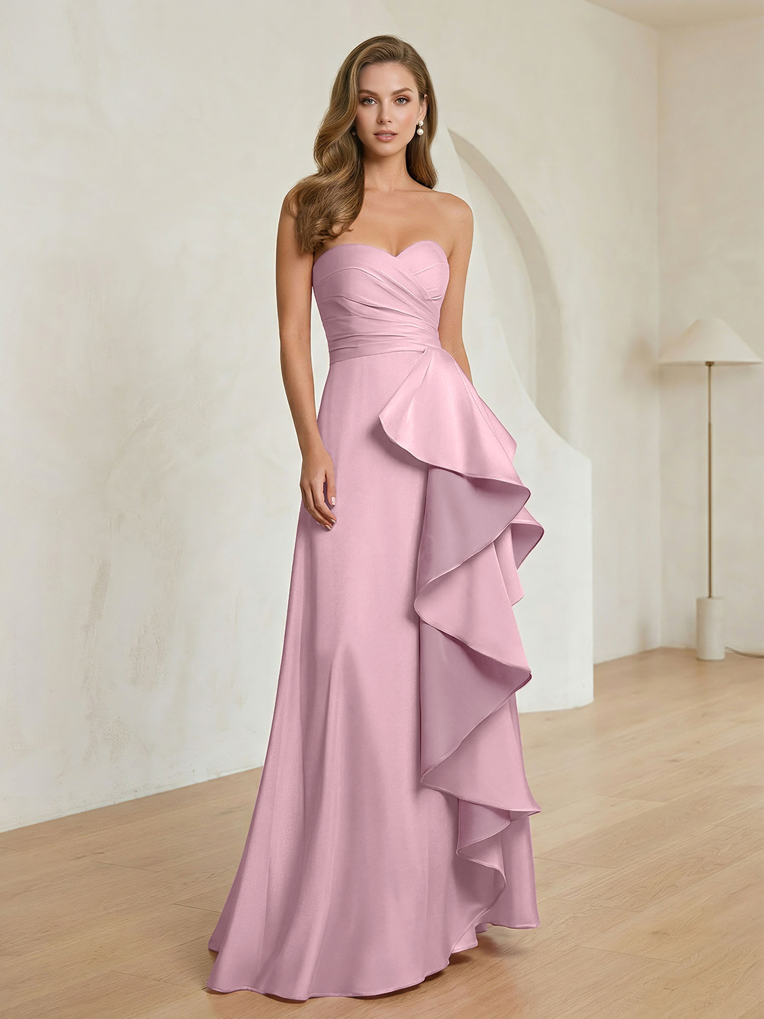 Formal Evening Dress Blush Strapless Ruffle Maxi Dress Gown