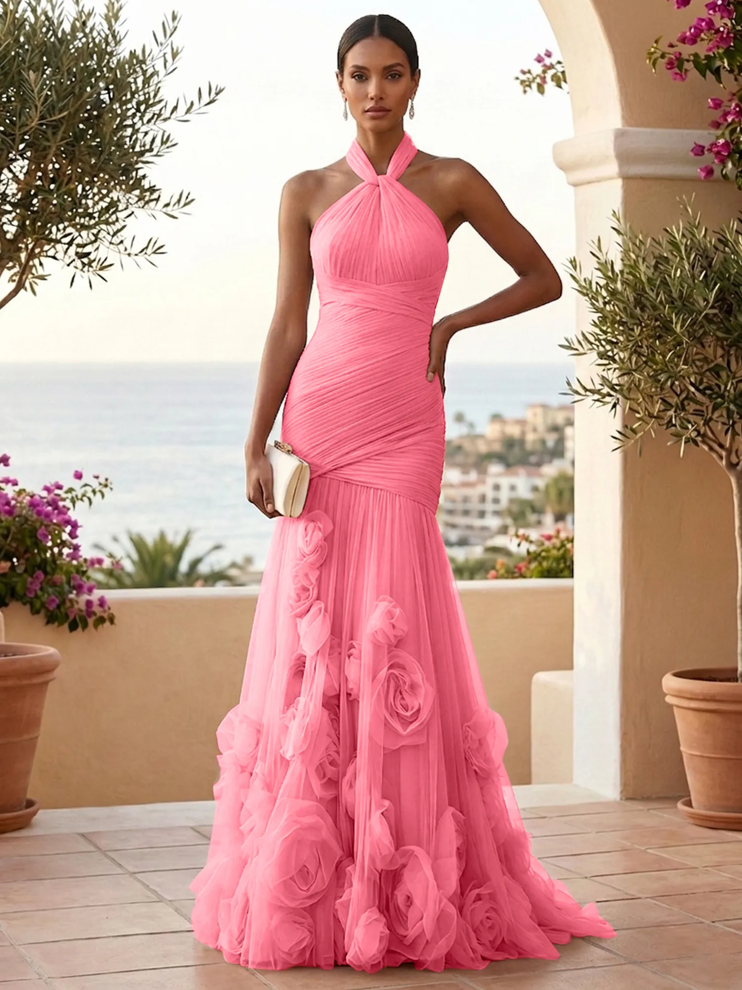 Halter Neck Ruched Tulle Mermaid Gown with 3D Floral Appliqués