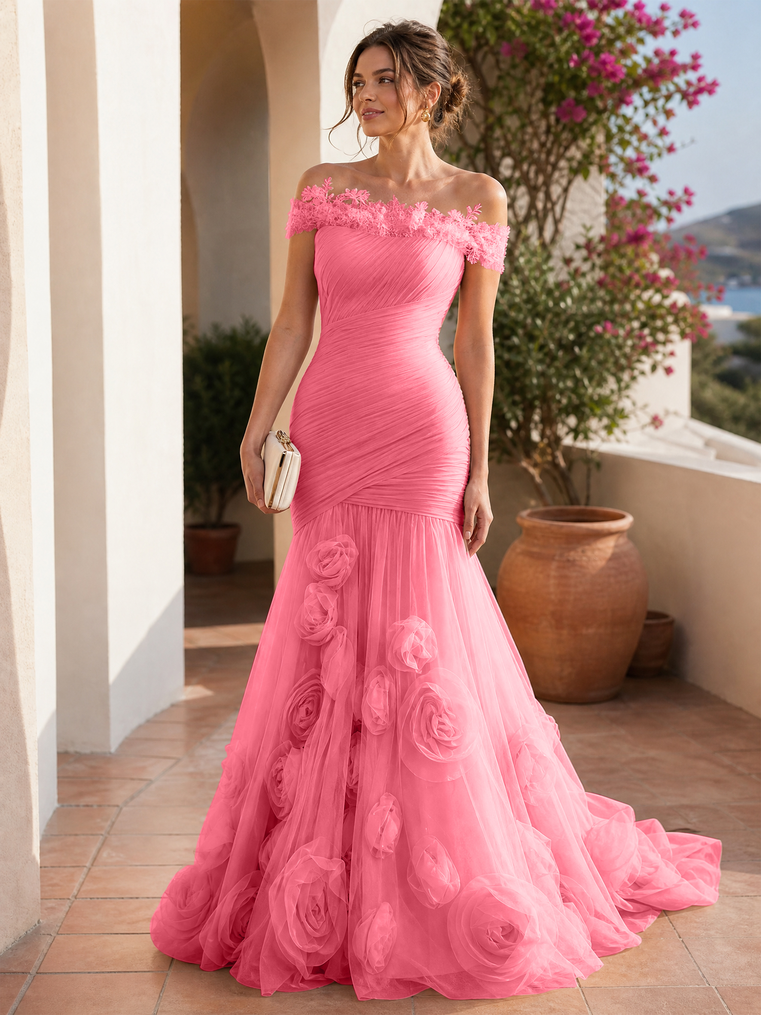 Romantic Blushing Rose Off-the-Shoulder Mermaid Formal Evening Dress 