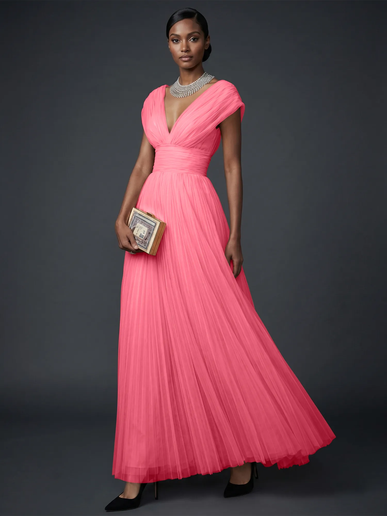 Draped V-Neck Pleated Tulle Evening Gown Maxi Dress