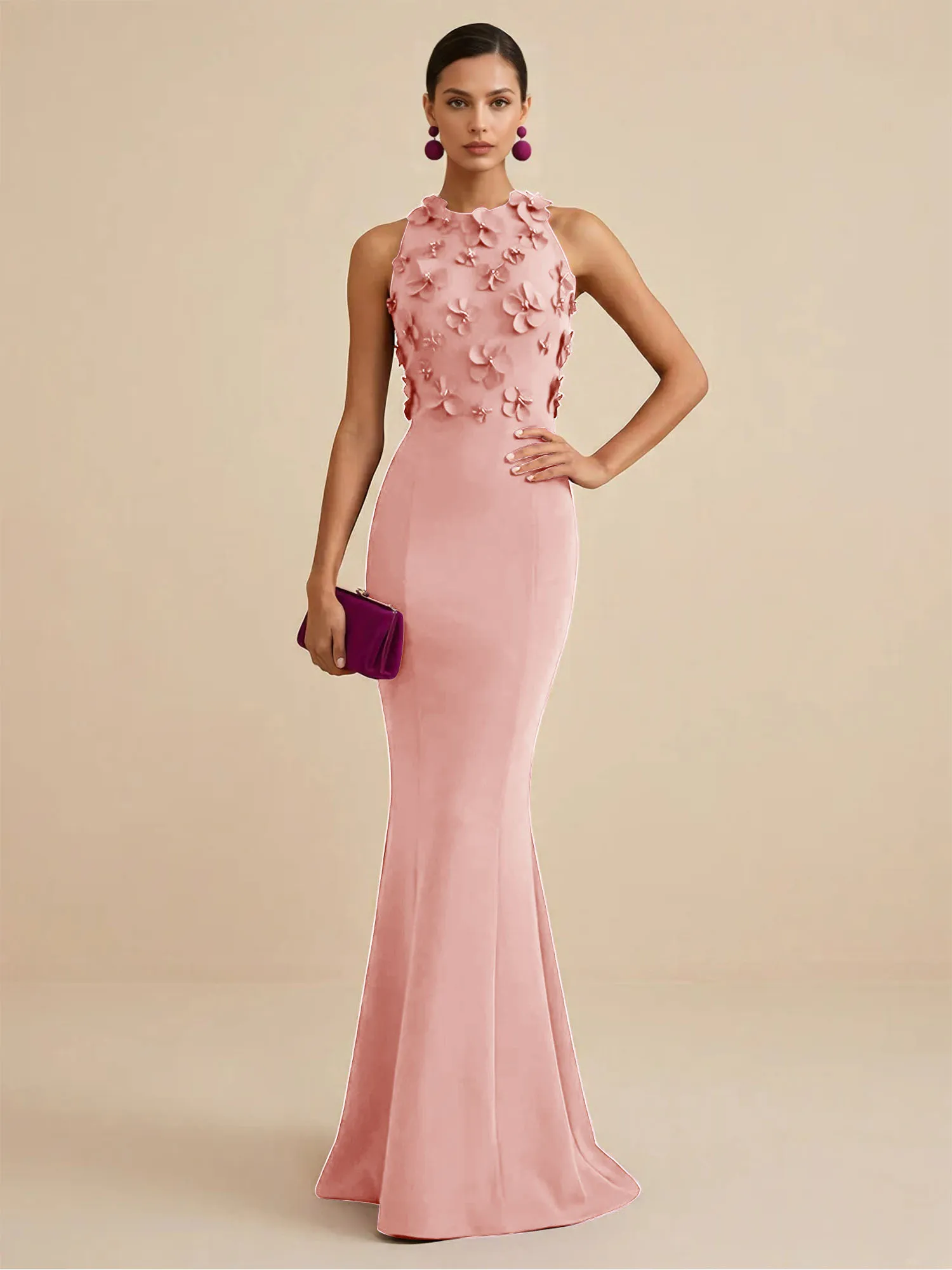 Scoop Neck 3D Floral Appliqué Crepe Mermaid Evening Gown
