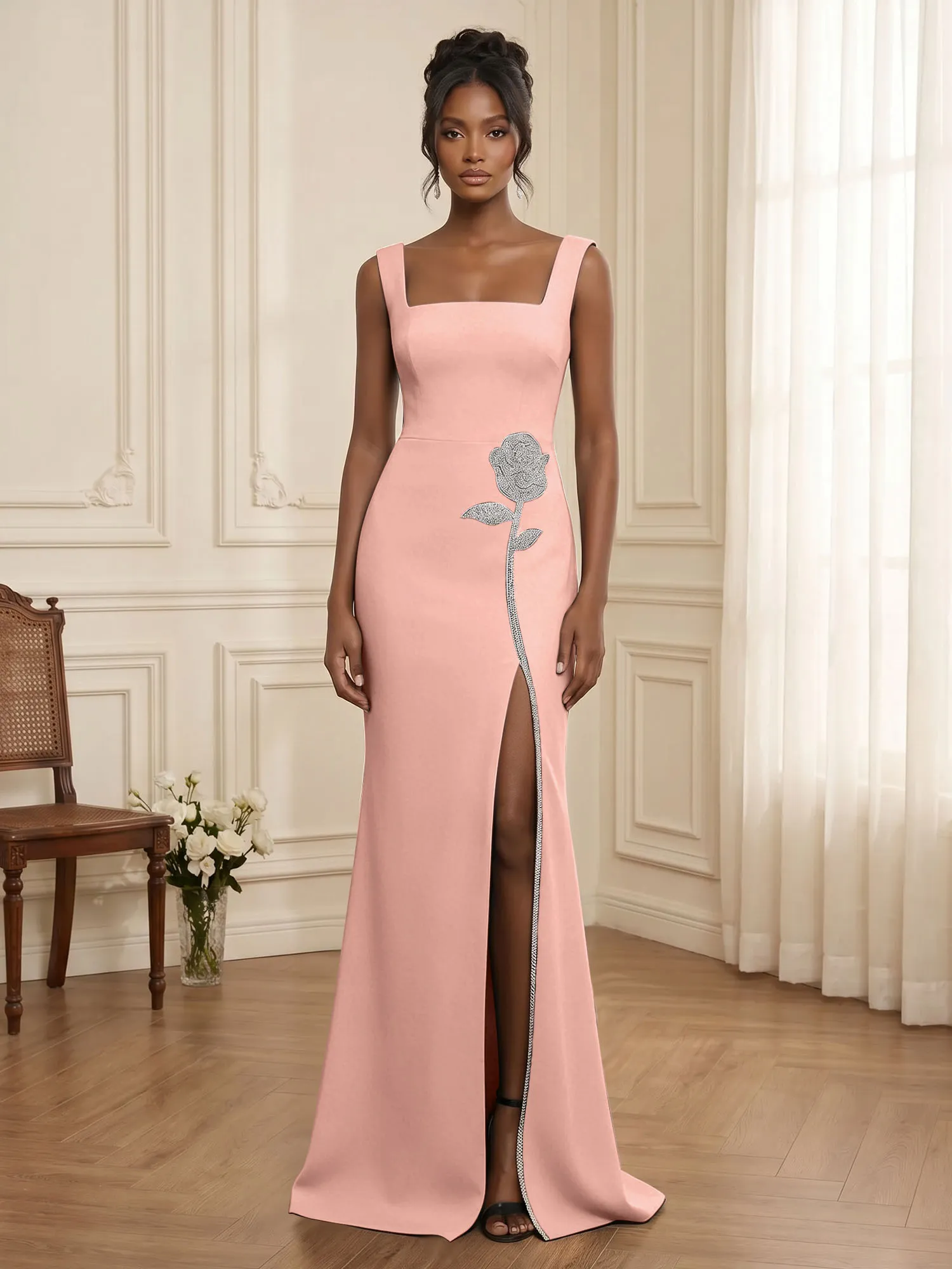 Square Neck Crystal Rose Appliqué Crepe Mermaid Evening Gown
