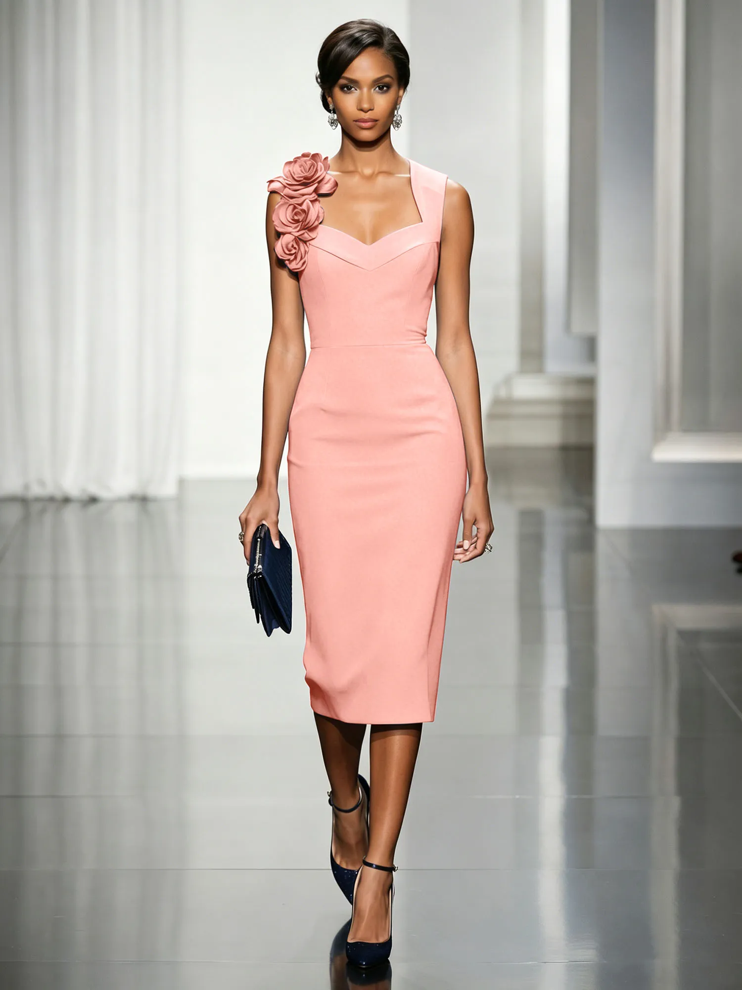 Asymmetric Neckline Crepe Midi Dress with 3D Floral Appliqué