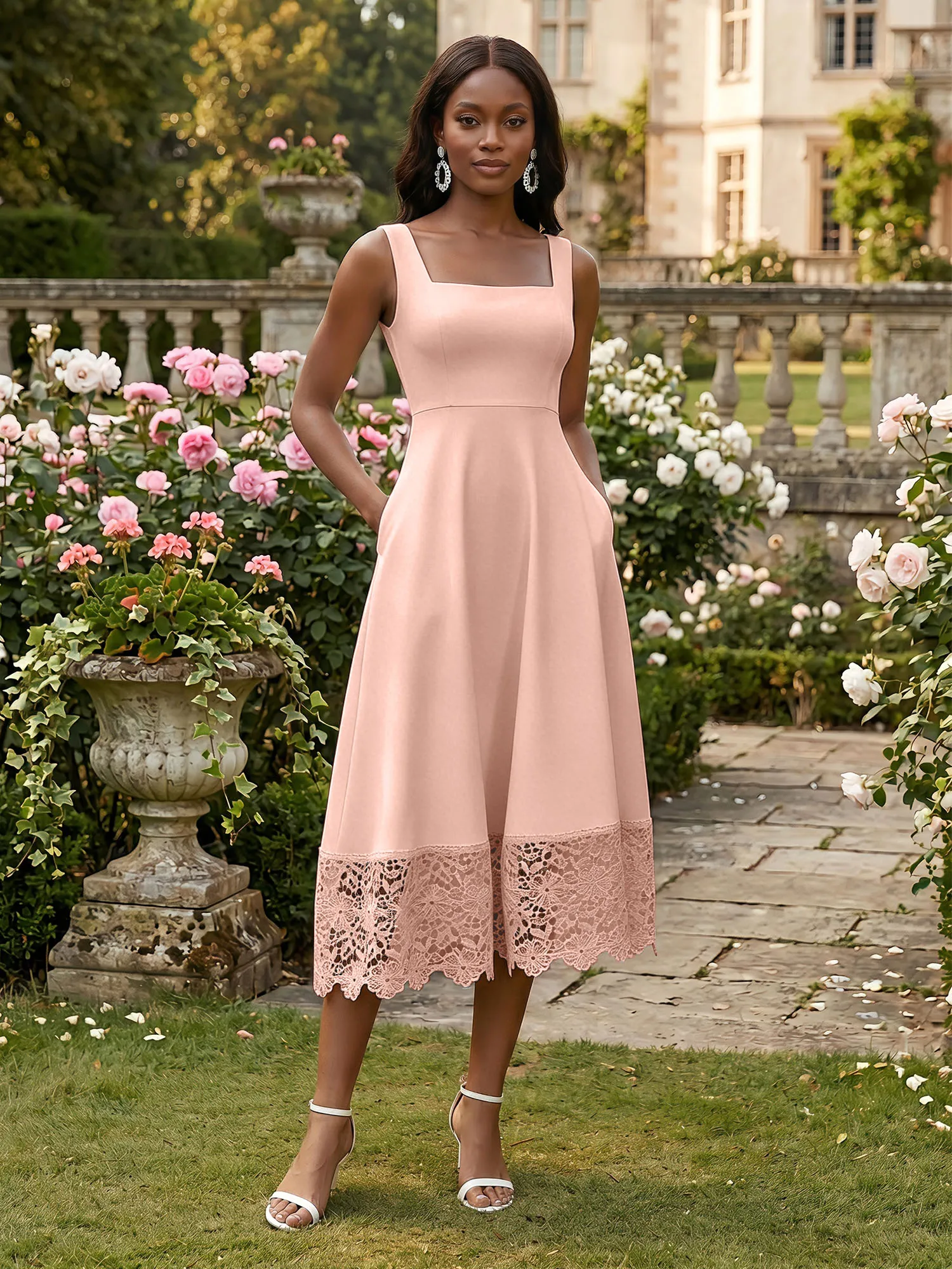Square Neck Crepe Midi Evening Dress with Lace Hem