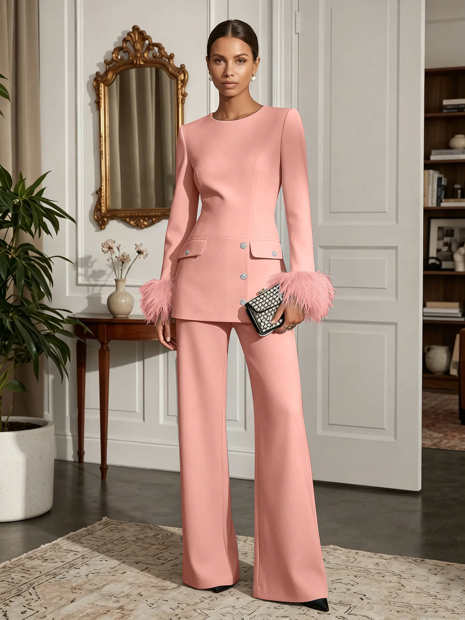 Scoop Neck Feather Cuff Tailored Evening Pant Suit
